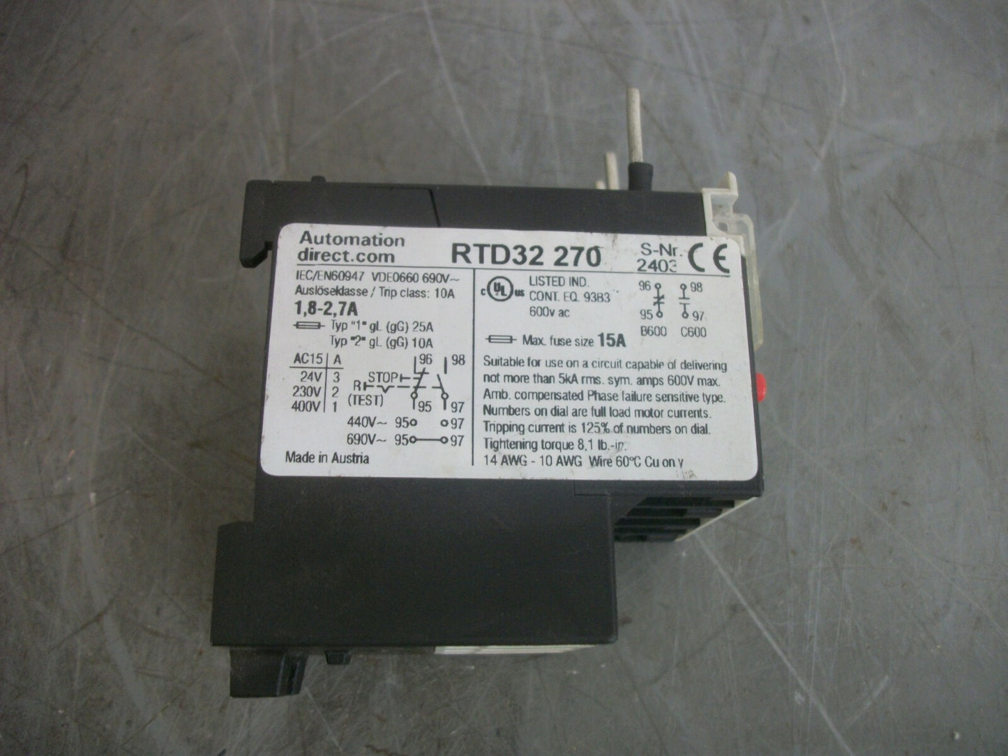 AUTOMATION DIRECT THERMAL OVERLOAD RELAY RTD32 270 1.8-2.7AMP