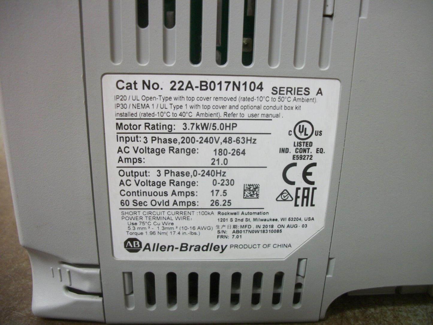 ALLEN-BRADLEY POWERFLEX 4 5HP AC DRIVE 22A-B017N104 230VOLT 3PH 17.5AMP