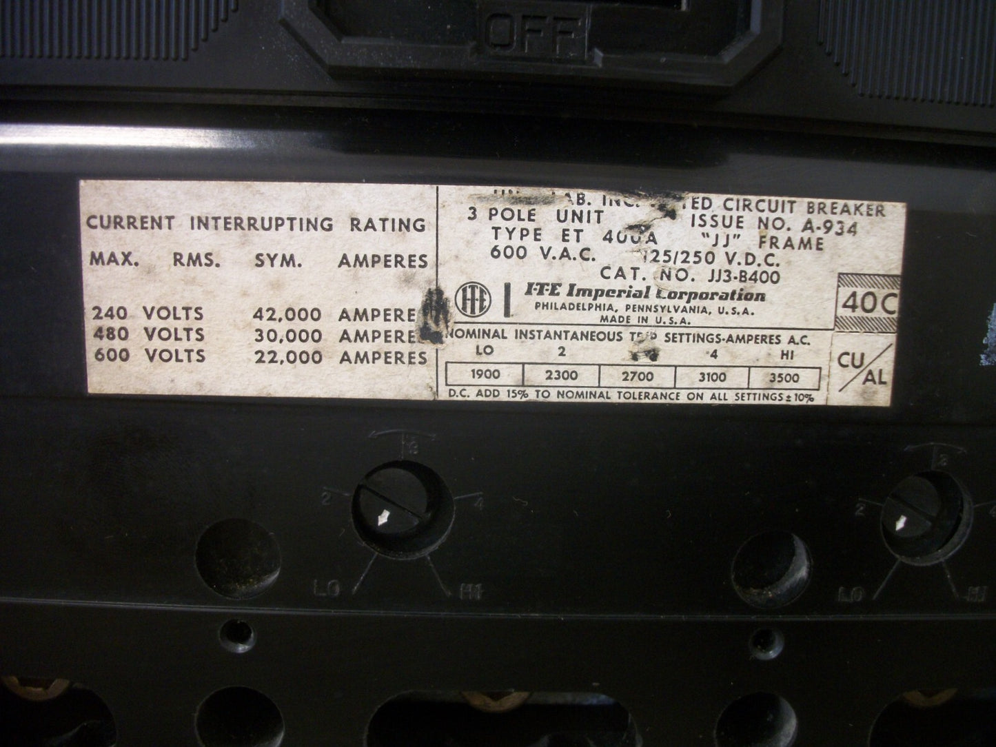 SIEMENS JJ CIRCUIT BREAKER JJ3B400 400AMP 600VOLT 3POLE