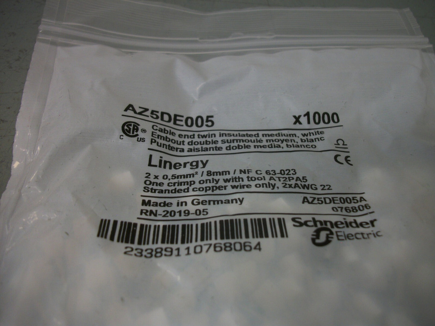 TELEMECANIQUE LOT OF 1000 0.5MM2 8MM WHITE INSUL CABLE TWIN ENDS AZ5DE005 NEW