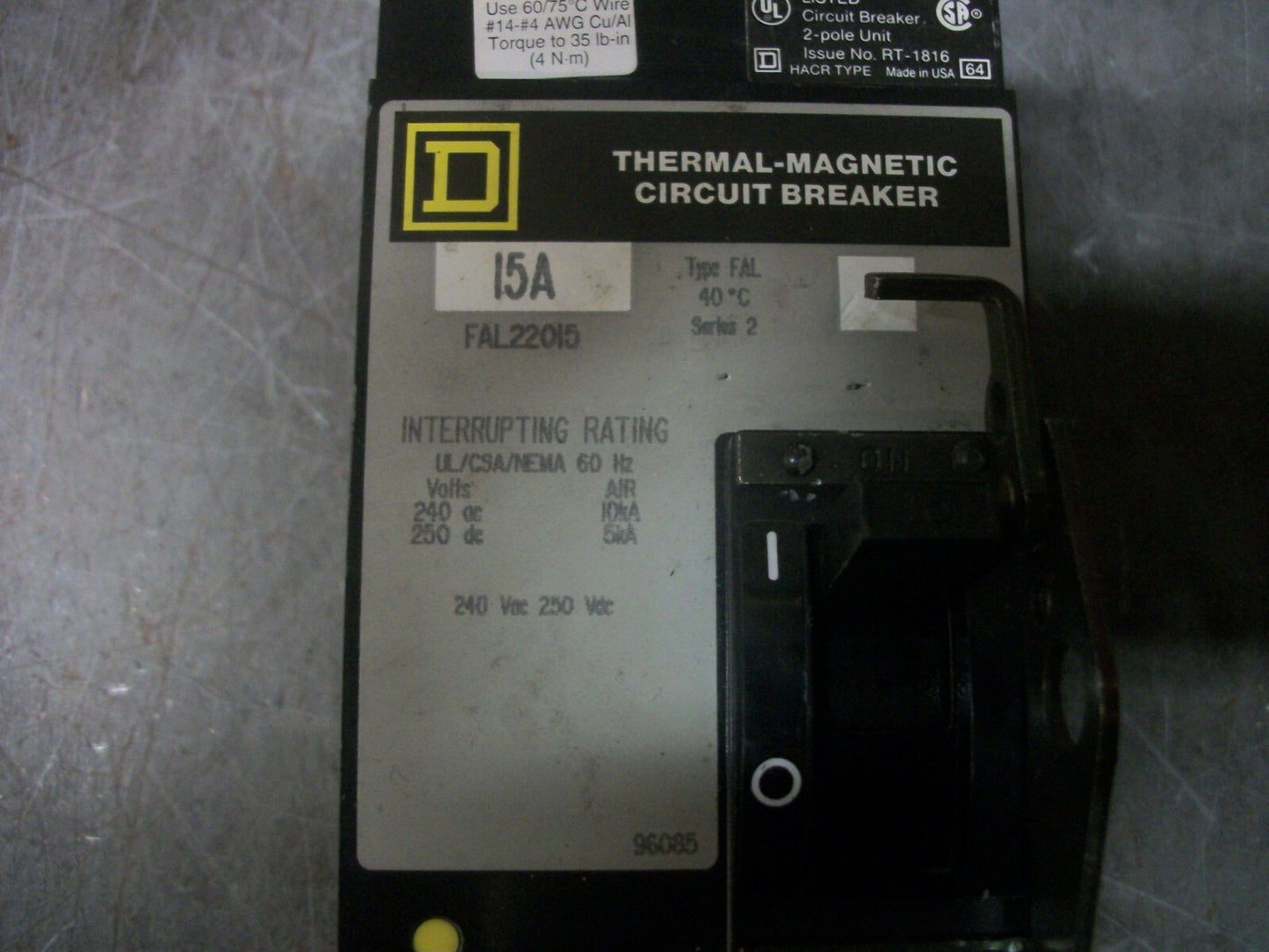 SQUARE D FAL CIRCUIT BREAKER FAL22015 15AMP 240VOLT 2POLE GRAY