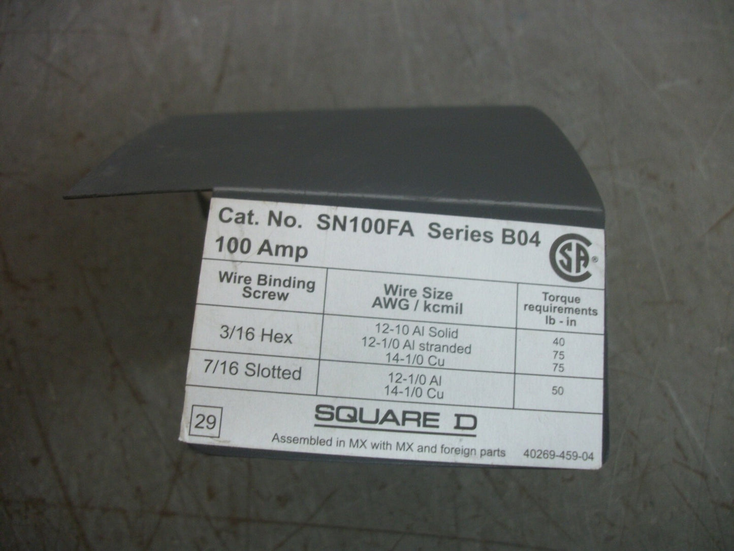 SQUARE D SERIES B04 GROUNDABLE NEUTRAL ASSEMBLY SN100FA 100AMP NOB