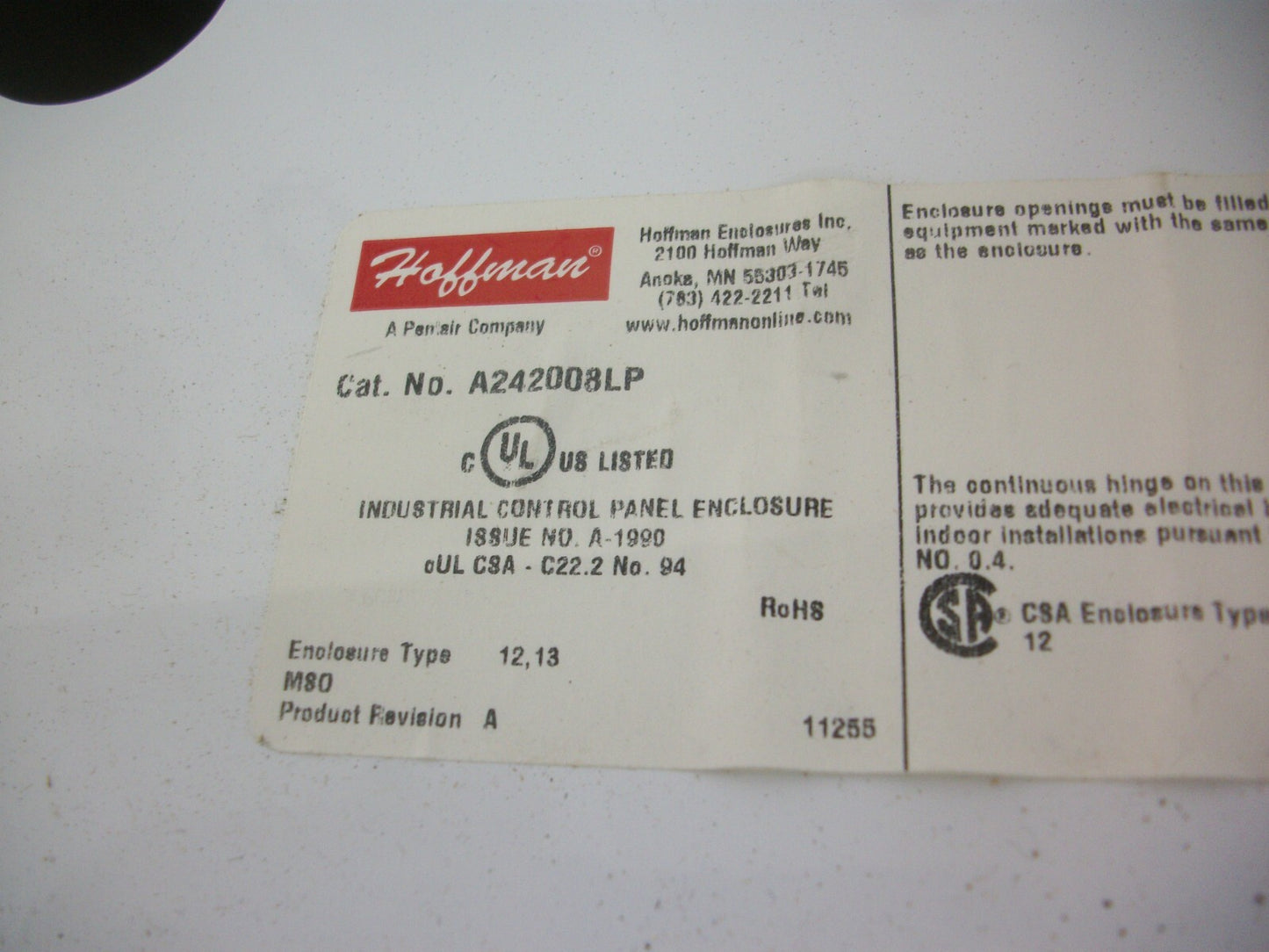 HOFFMAN 24 X 20 X 8 ENCLOSURE TYPE 12,13 A242008LP