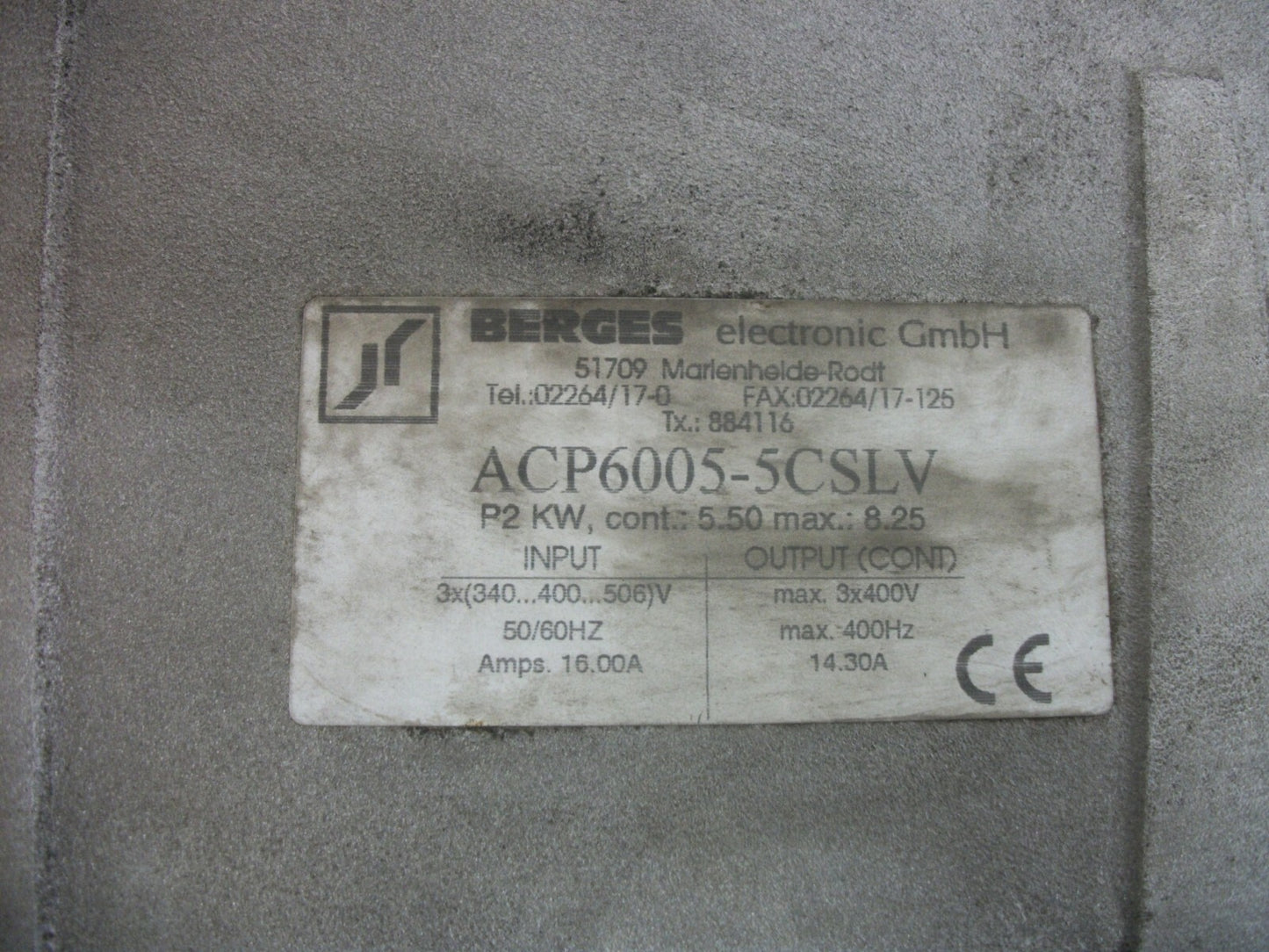 BERGES 8.25KW ELECTRONIC GmbH INVERTER DRIVE ACP6005-5CSLV 400VOLT 14.3AMP