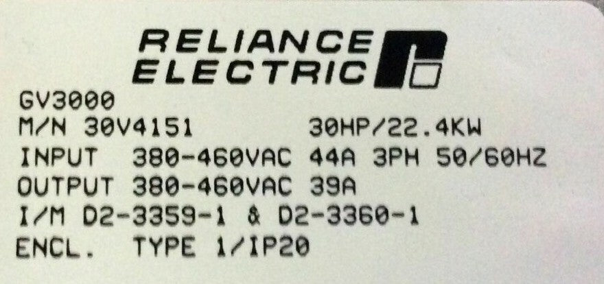 RELIANCE GV3000 30HP AC DRIVE 30V4151 460VOLT 3PH 39AMP