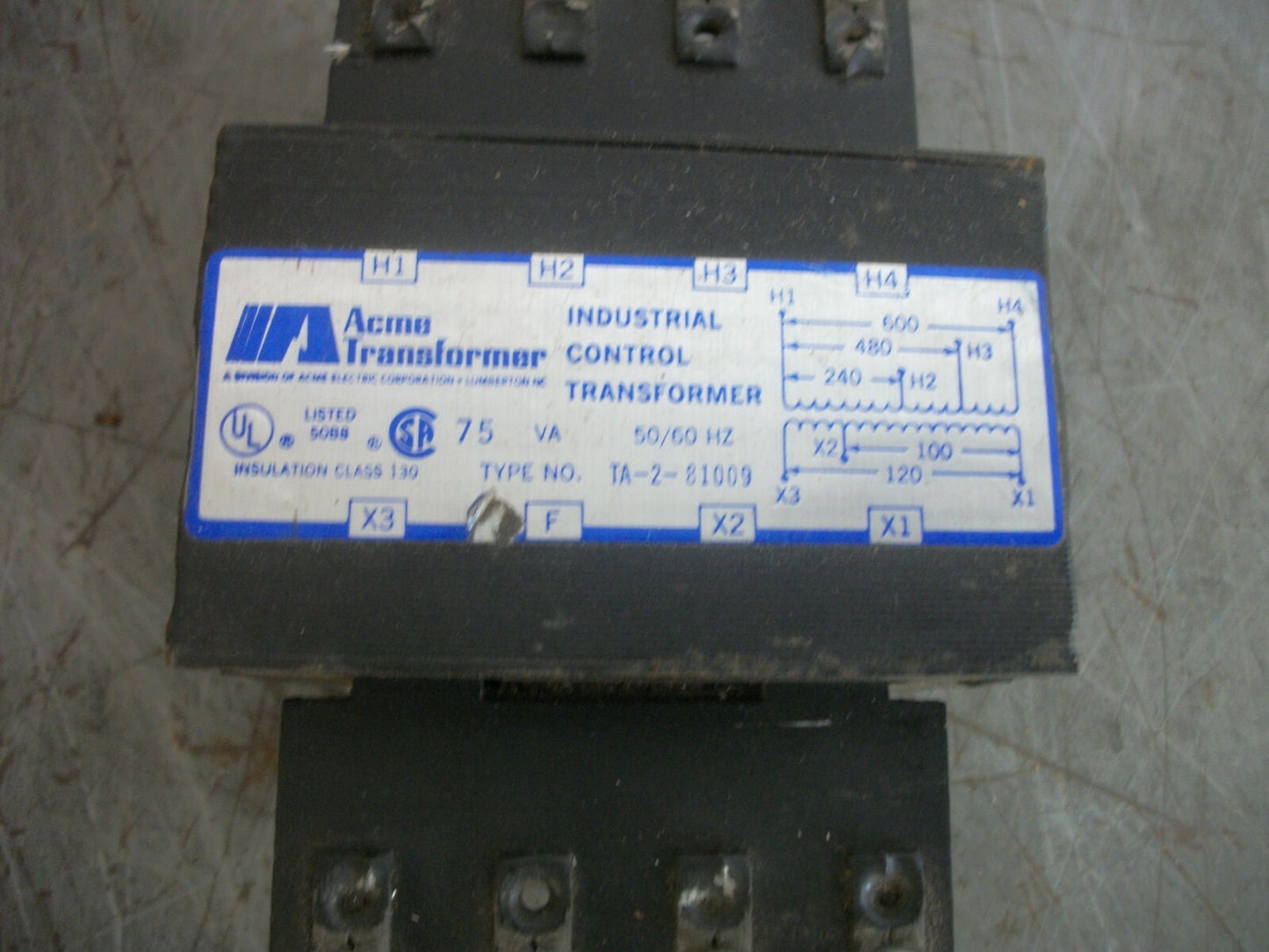 ACME 75VA 1PH TRANSFORMER TA-2-81009 HV 240X600 LV 100/120