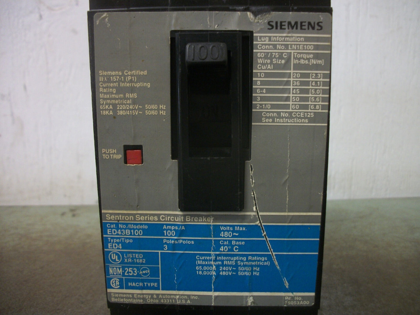 SIEMENS SENTRON ED4 CIRCUIT BREAKER ED43B100 100AMP 480VOLT 3POLE