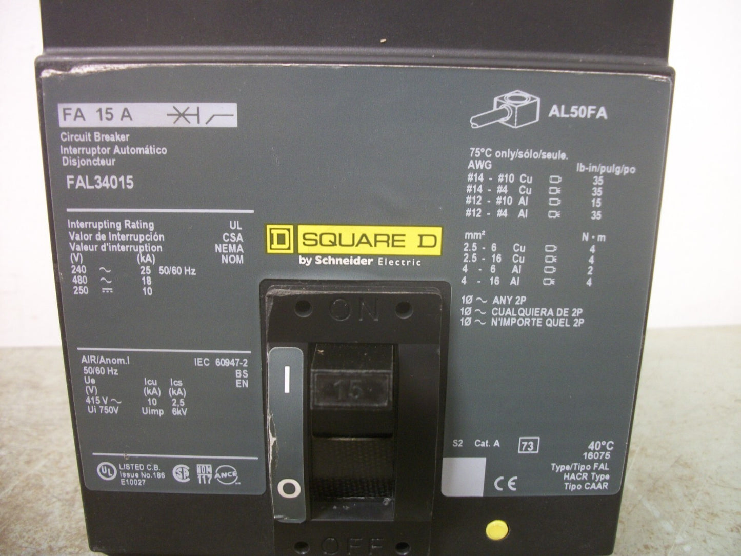 SQUARE D FAL CIRCUIT BREAKER FAL34015 15AMP 480VOLT 3POLE GREEN