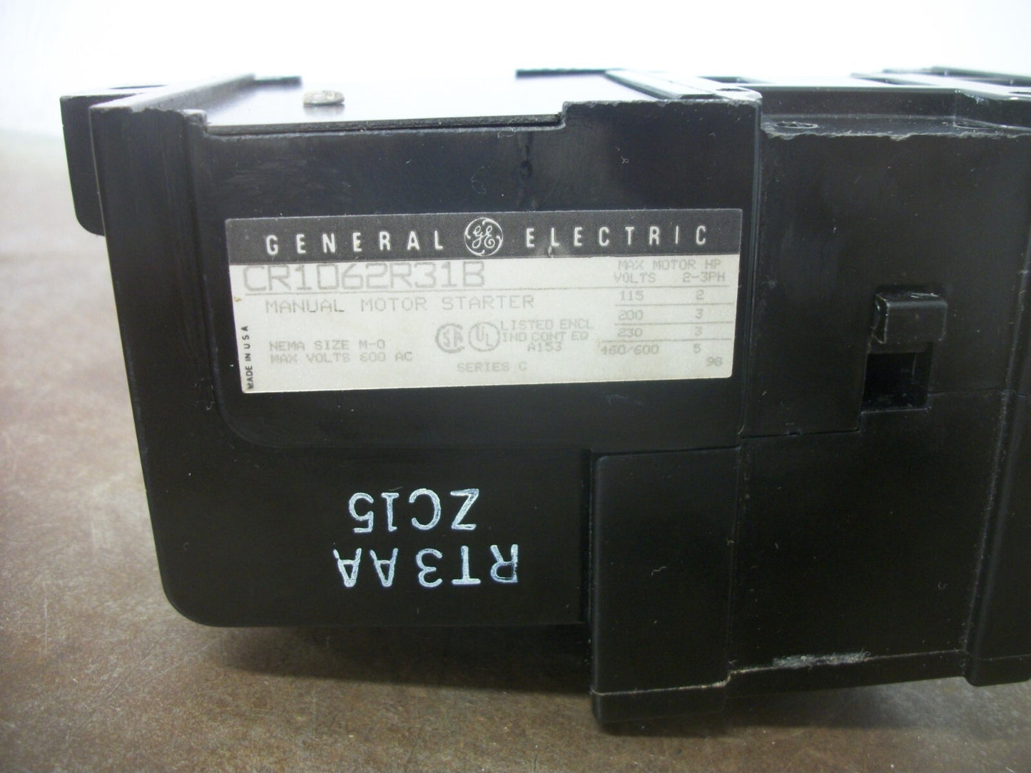 GE SIZE M-0 MANUAL MOTOR STARTER CR1062R31B 3PH 600VOLT 5HP