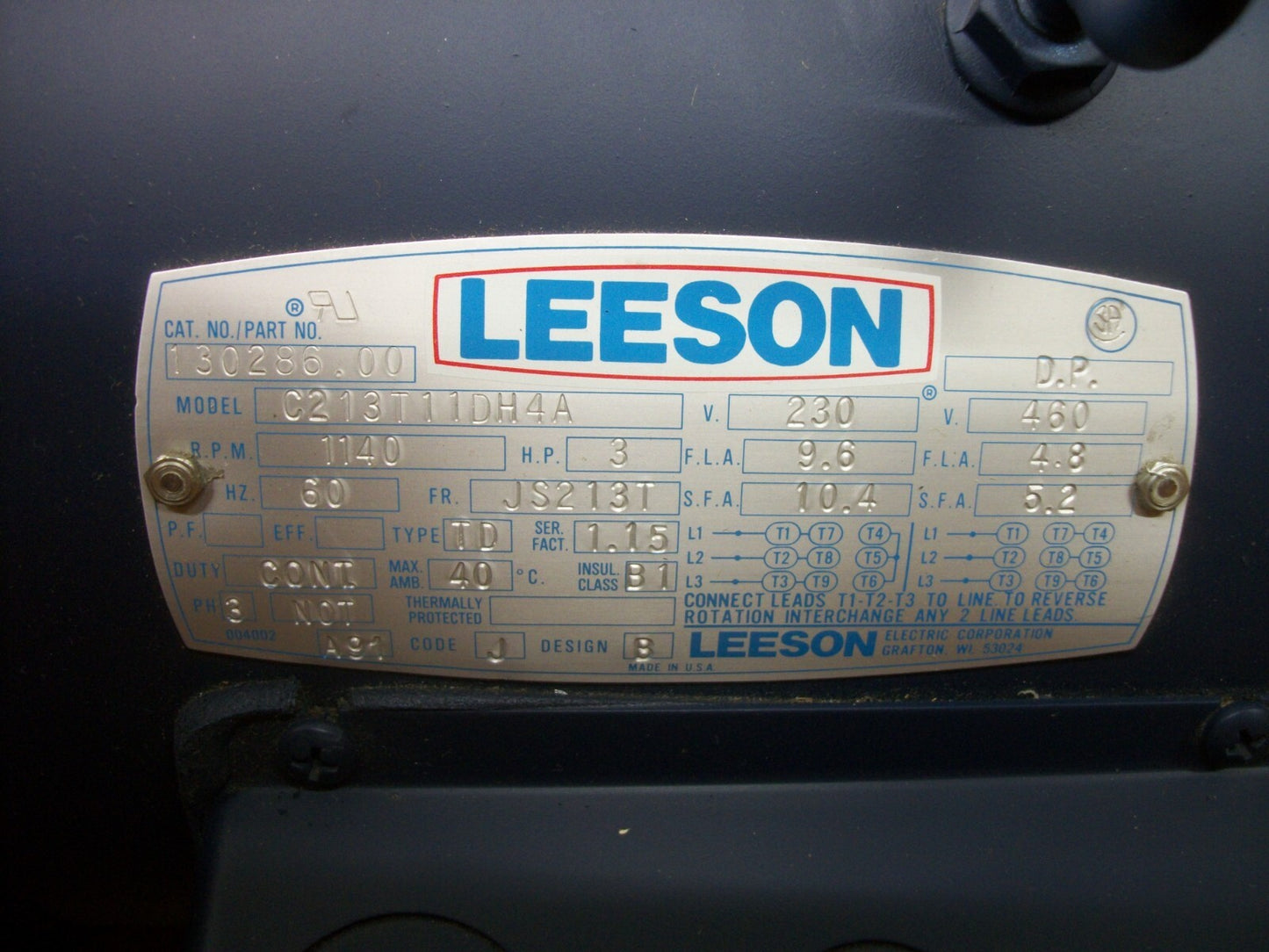 LEESON 3HP JS213T DP AC MOTOR 130286.00 460VOLT 1140RPM 3PH NIB