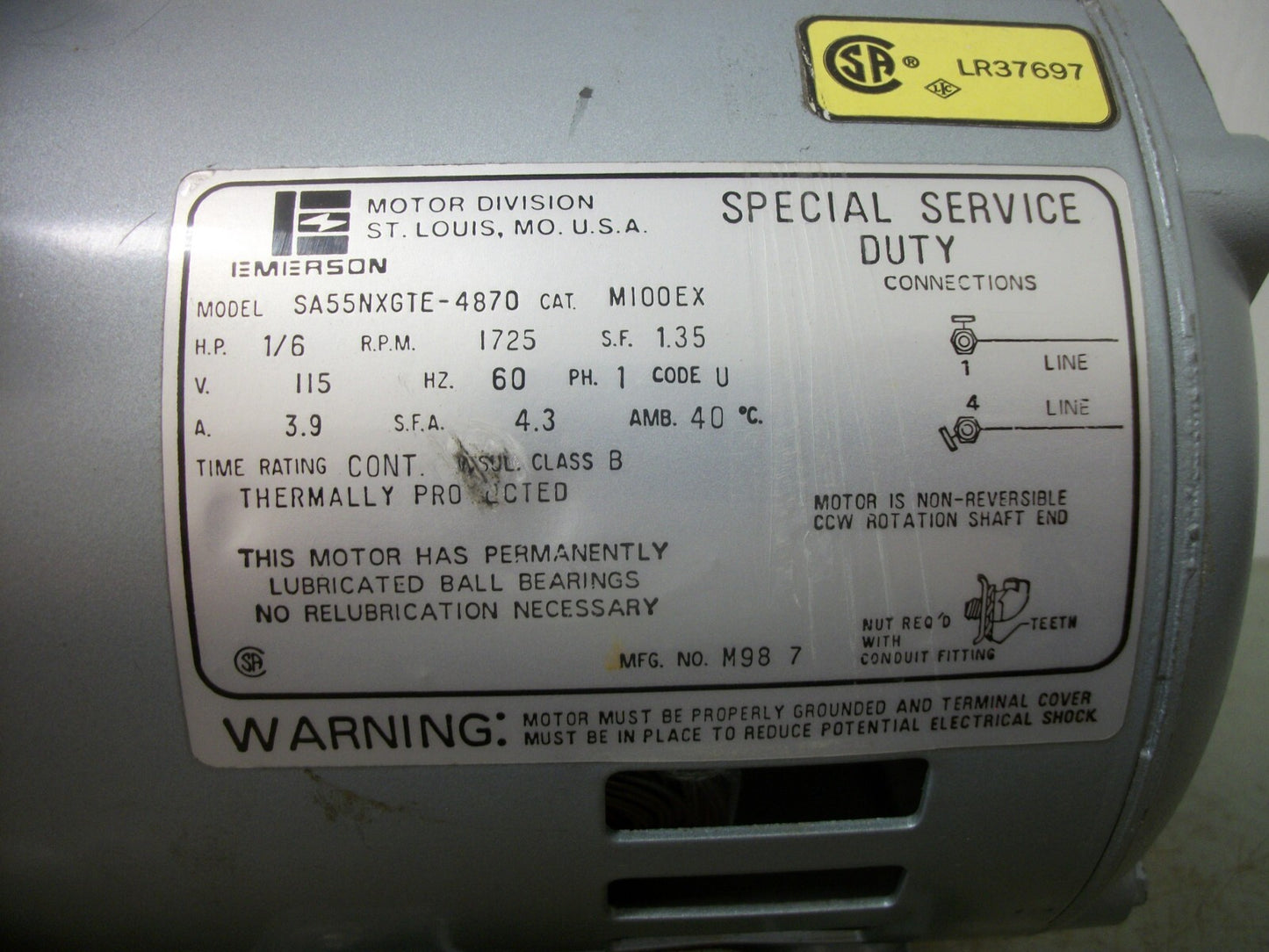 EMERSON SA55NXGTE-4870 1/6HP 1PH VACUUM PUMP MOTOR M100EX 115VOLT 1725RPM