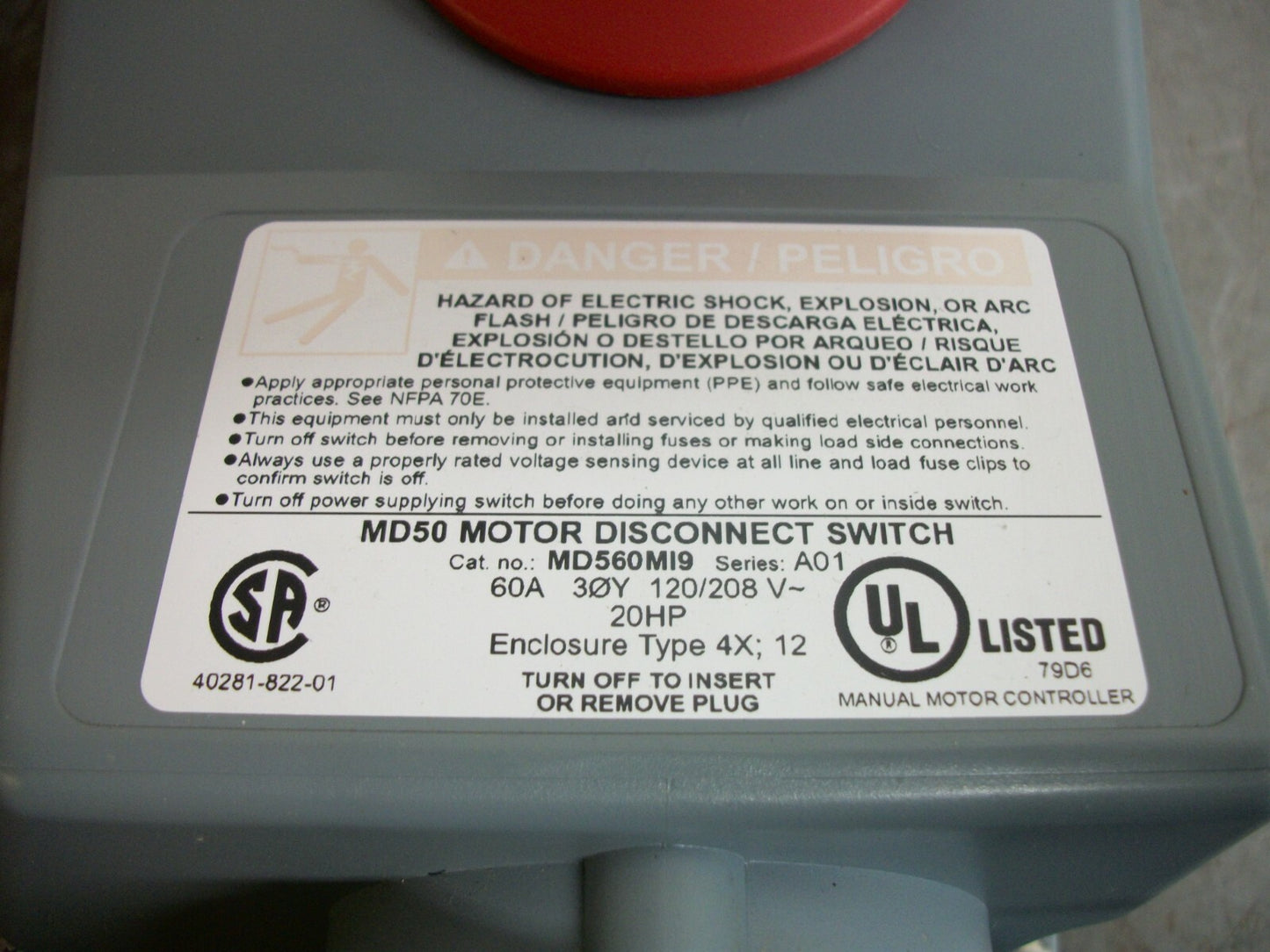 SQUARE D MD50 MOTOR DISCONNECT SWITCH TYPE 4X,12 MD560MI9 60AMP 120/208VOLT 3PH