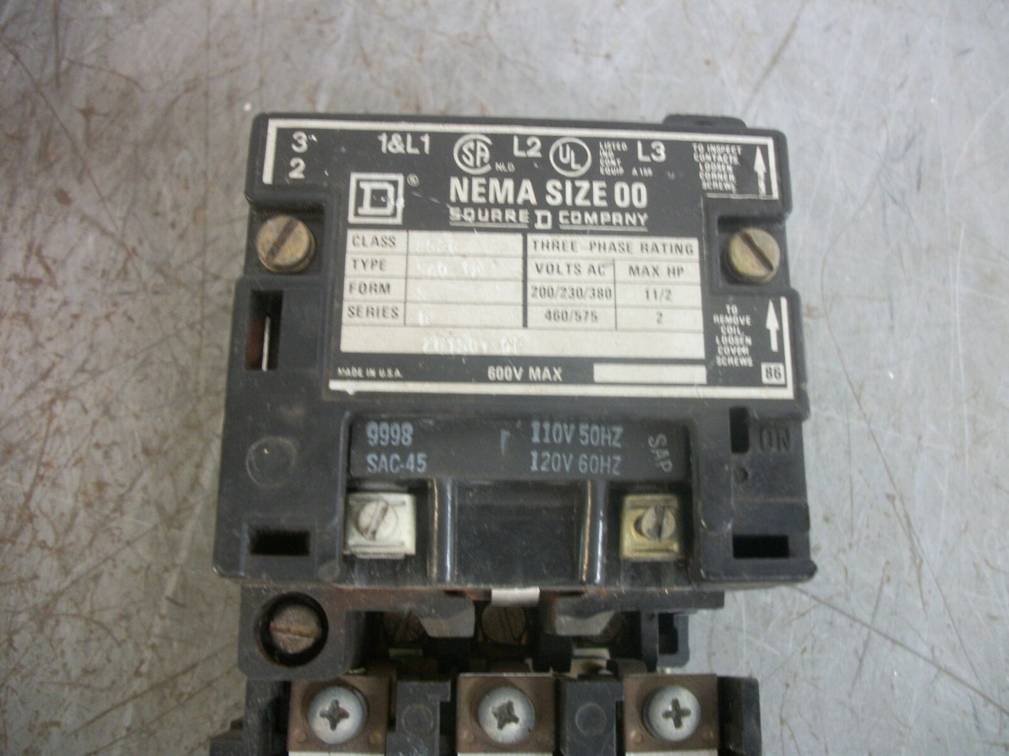 SQUARE D SIZE 00 MOTOR STARTER 8536SAO12 120VCOIL 3PH 600V 2HP