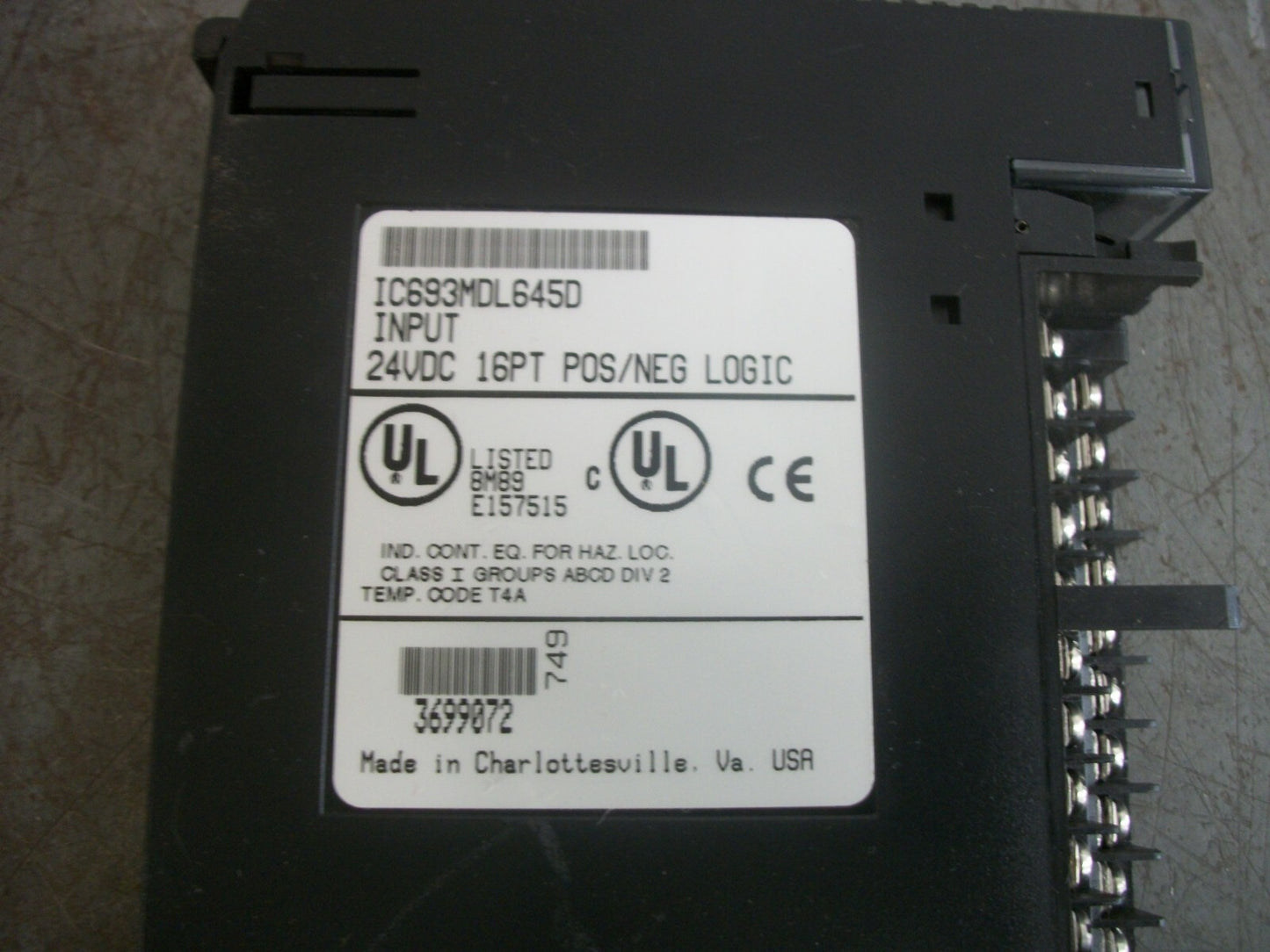 GE FANUC 24VDC 16PT POSITIVE/NEGATIVE LOGIC INPUT MODULE IC693MDL645D