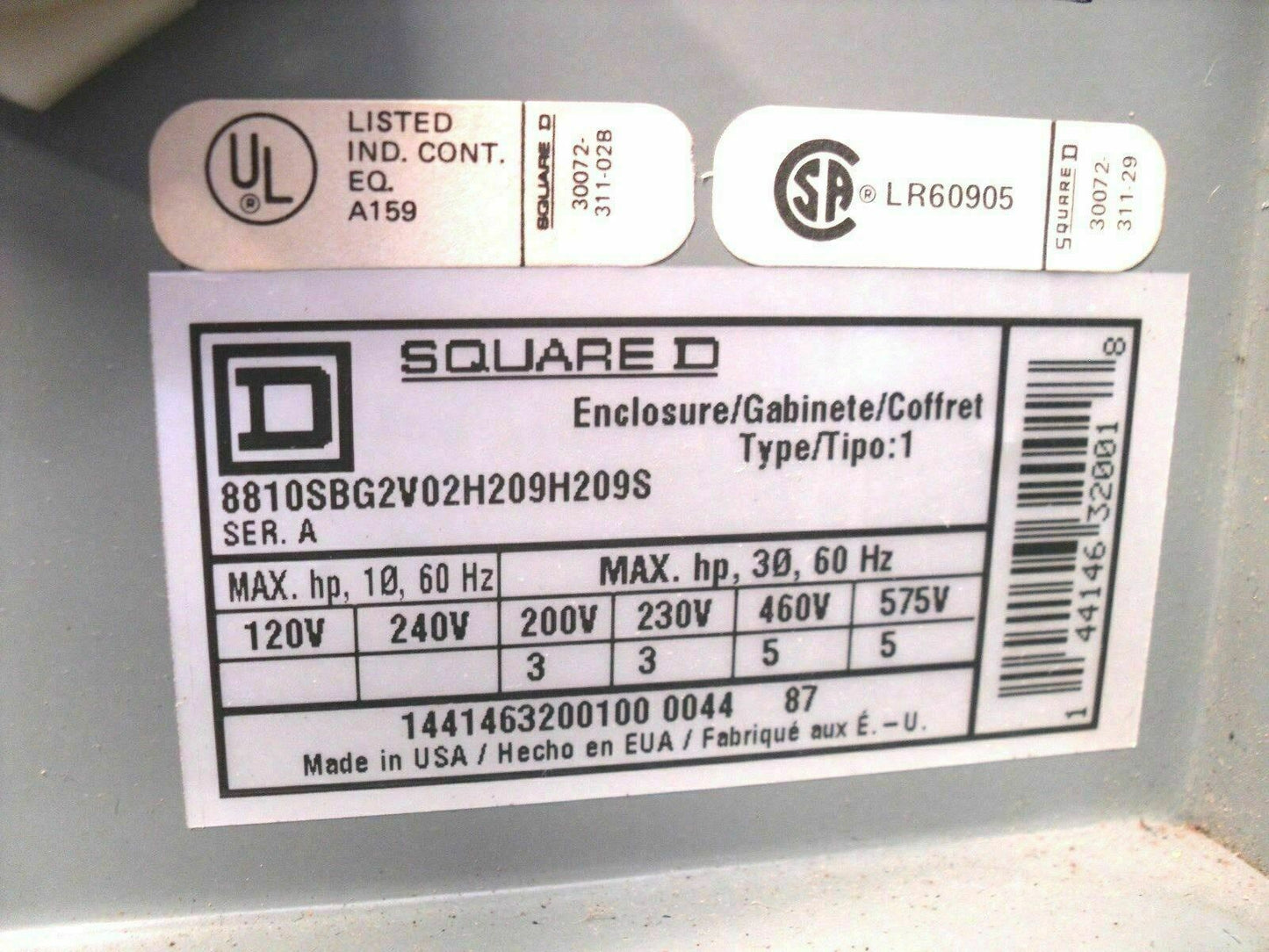 SQUARE D ENCL SIZE 0 REV STARTER 8810SBO2H209H209S 3PH 5HP 120VCOIL W/ML
