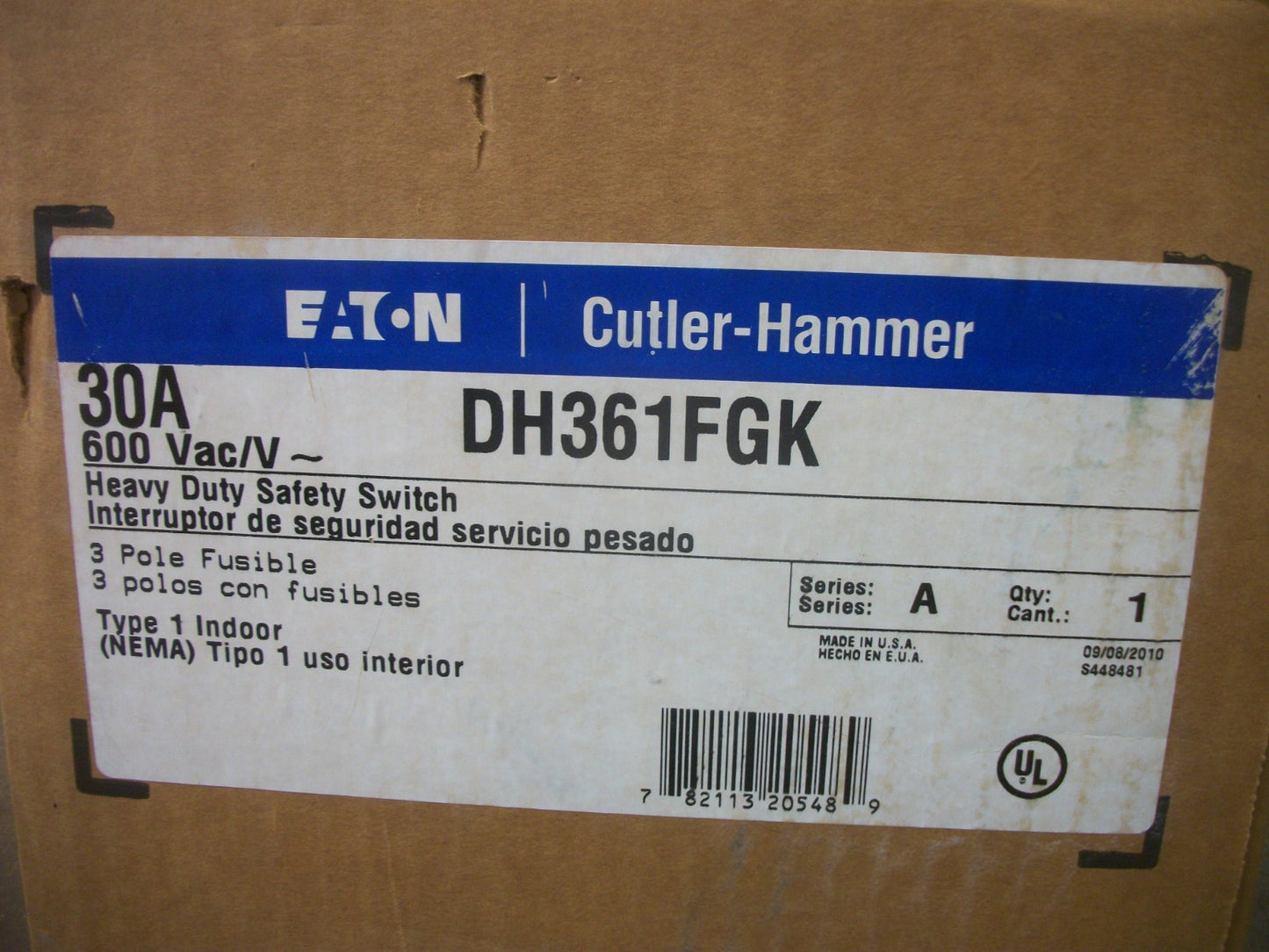 CUTLER-HAMMER DISCONNECT TYPE 1 DH361FGK 30AMP 600VOLT 3POLE FUSIBLE NIB