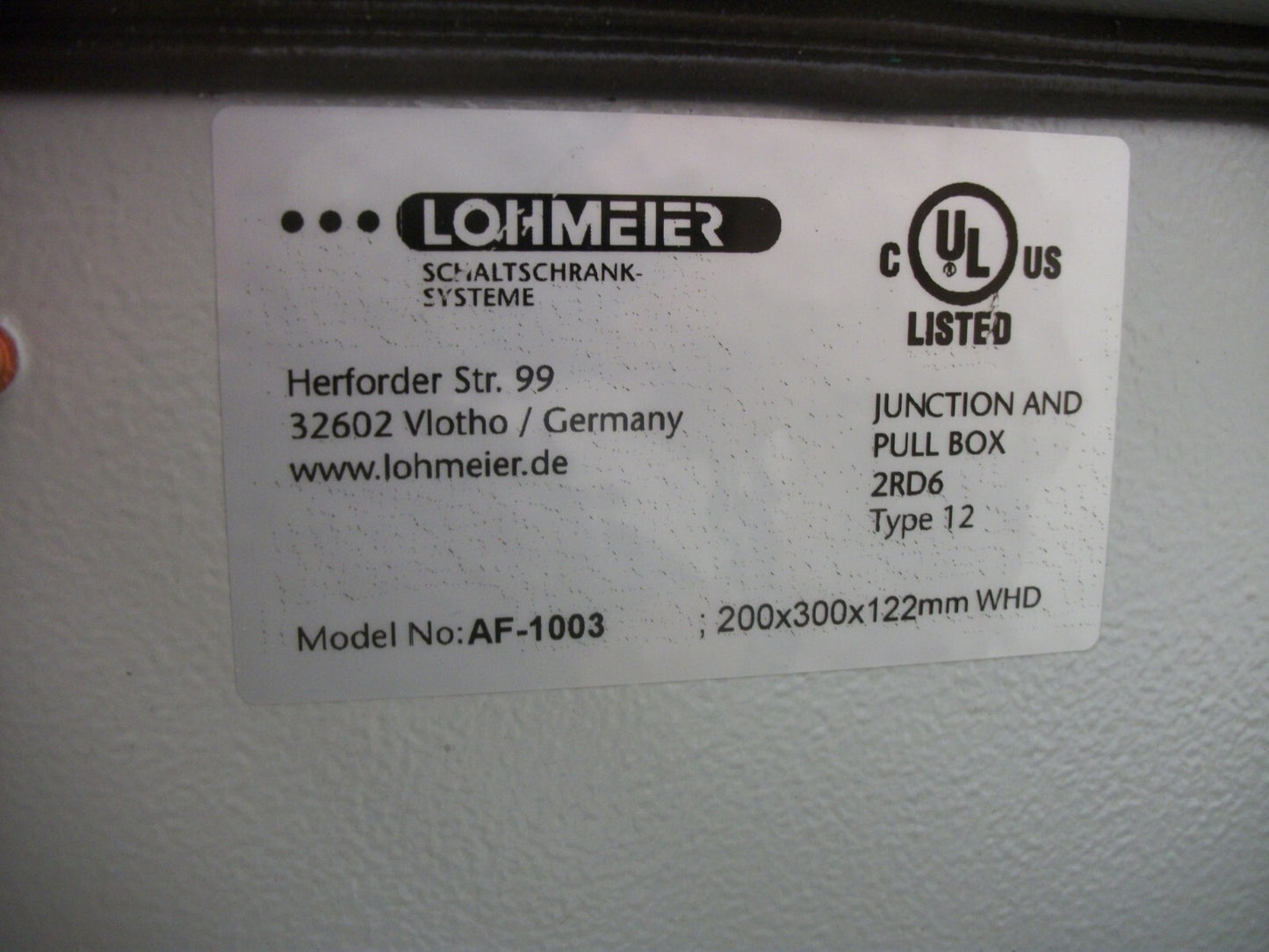 LOHMEIER 11 X 7 X 5 JUNCTION & PULL BOX ENCLOSURE TYPE 12 AF-1003