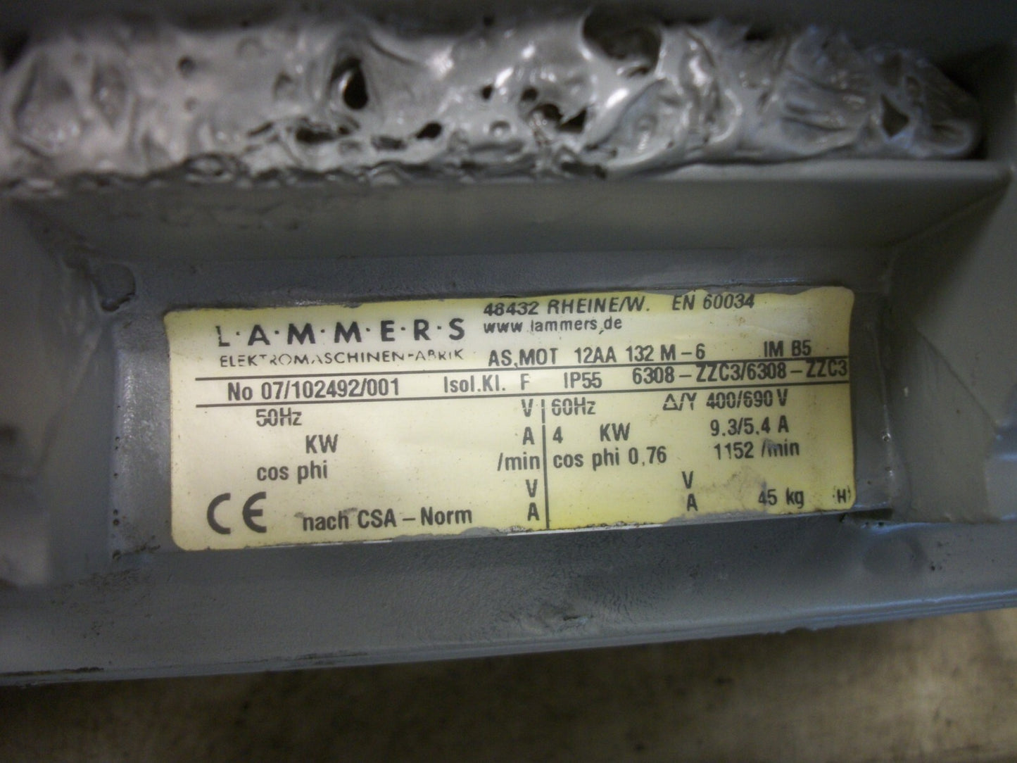 LAMMERS 4KW AC MOTOR 12AA 132 M-6 690VOLT 1152RPM