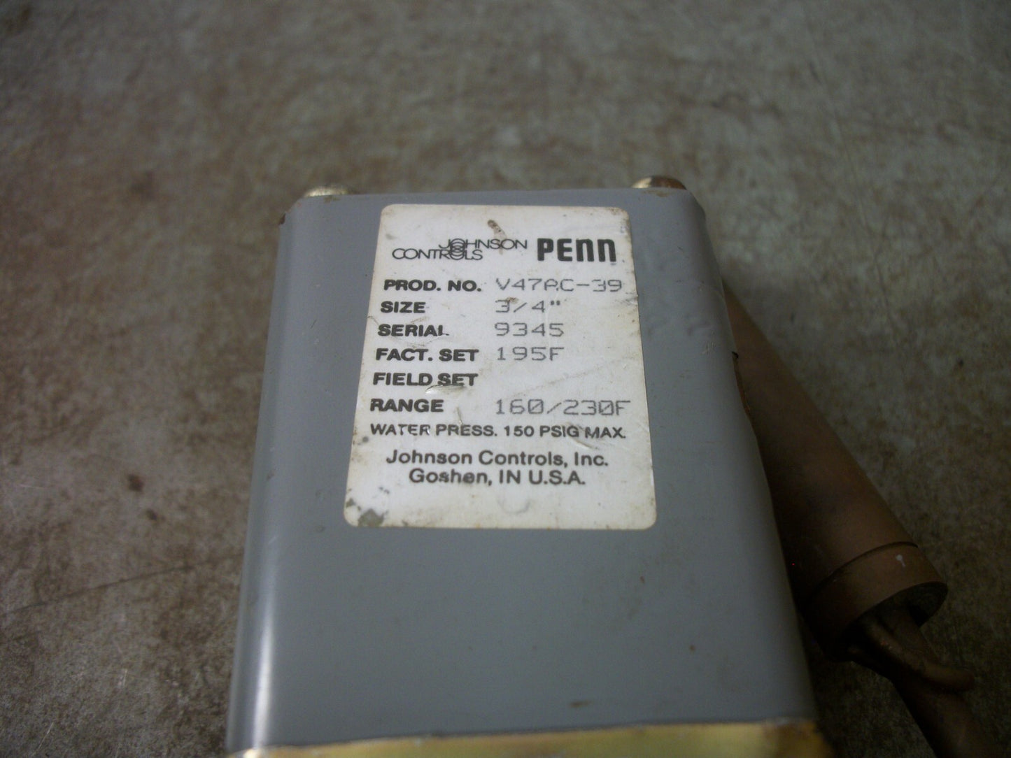 JOHNSON CONTROLS 3/4" TEMPERATURE ACTUATED REGULATOR VALVE V47AC-39 160/230F