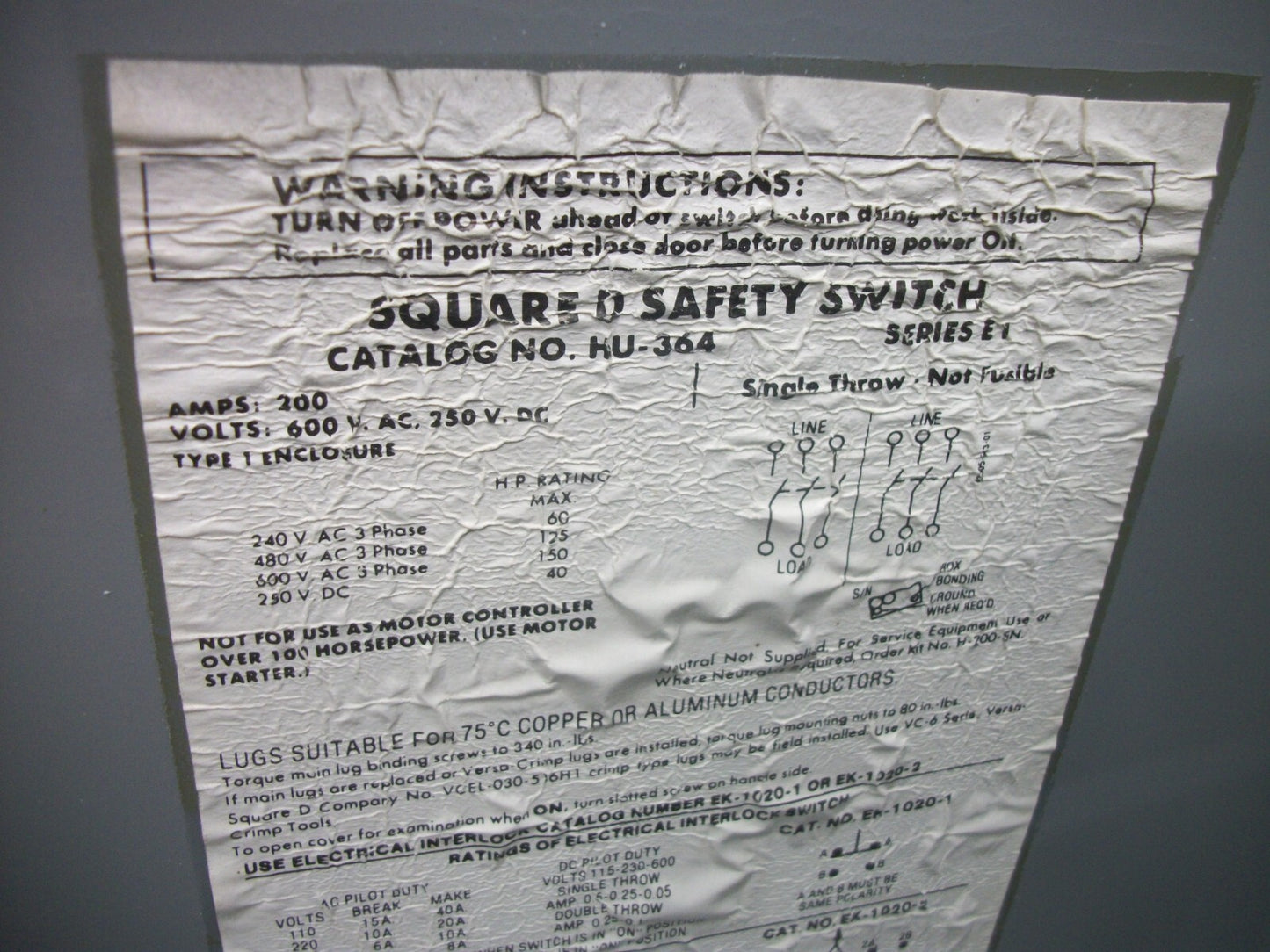 SQUARE D DISCONNECT TYPE 1 HU364 200AMP 600VOLT 3POLE NON-FUSIBLE OLD