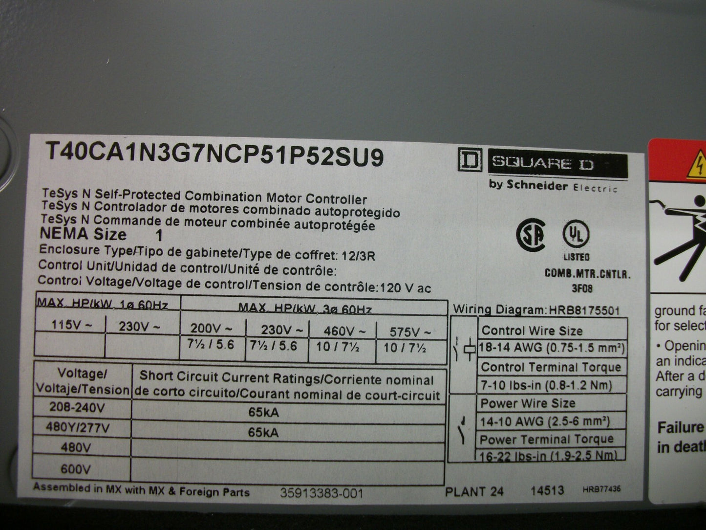 SQUARE D TESYS N SELF-PROTECTED COMBO MOTOR CONTROLLER SIZE 1 3R/12 600VOLT 10HP