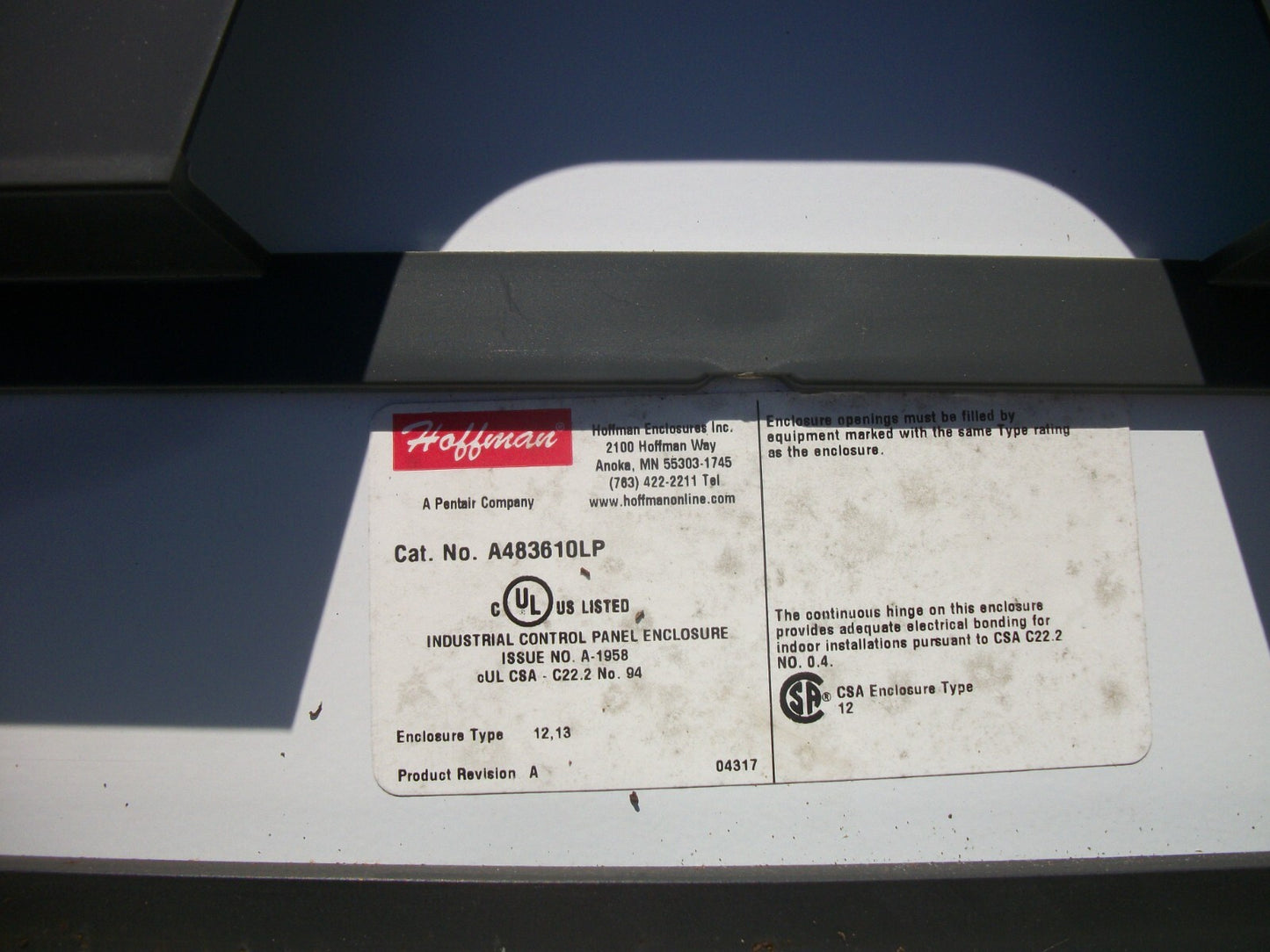 HOFFMAN 48 X 36 X 10 ENCLOSURE TYPE 12,13 A483610LP