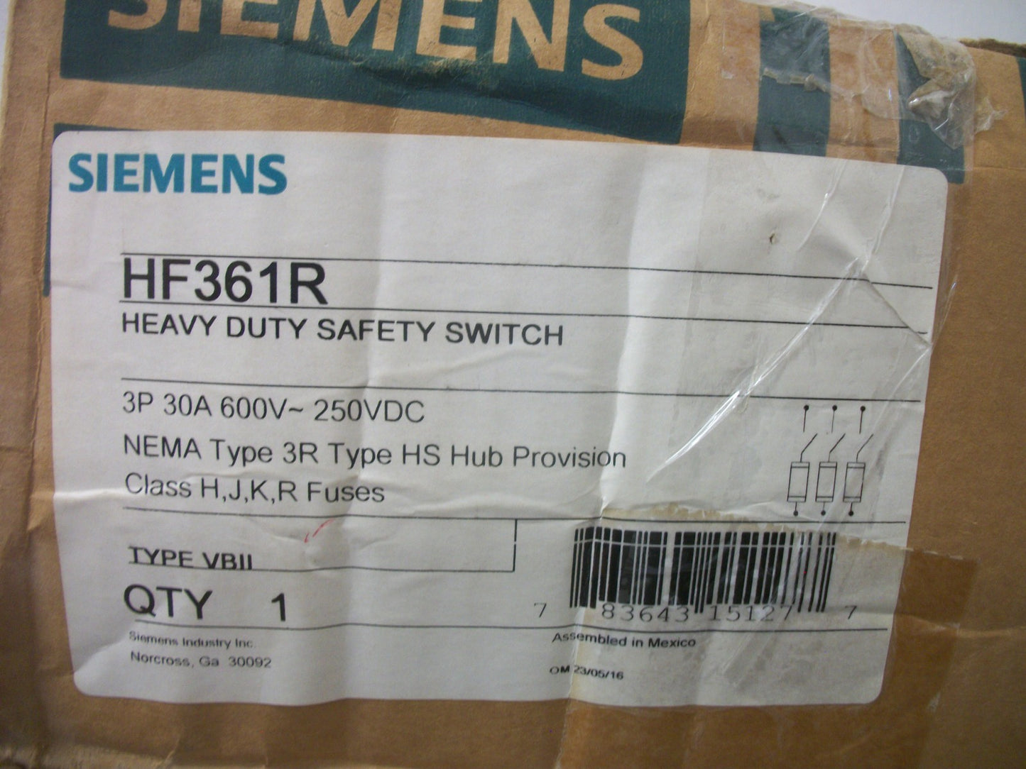 SIEMENS DISCONNECT TYPE 3R HF361R 30AMP 600VOLT 3POLE FUSIBLE NIB