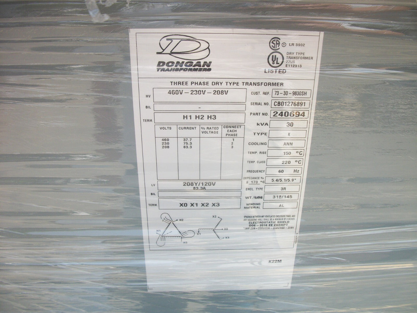 DONGAN 30KVA 3PH 3R TRANSFORMER 73-30-9830SH HV 460/230/208 LV 208Y/120 NEW