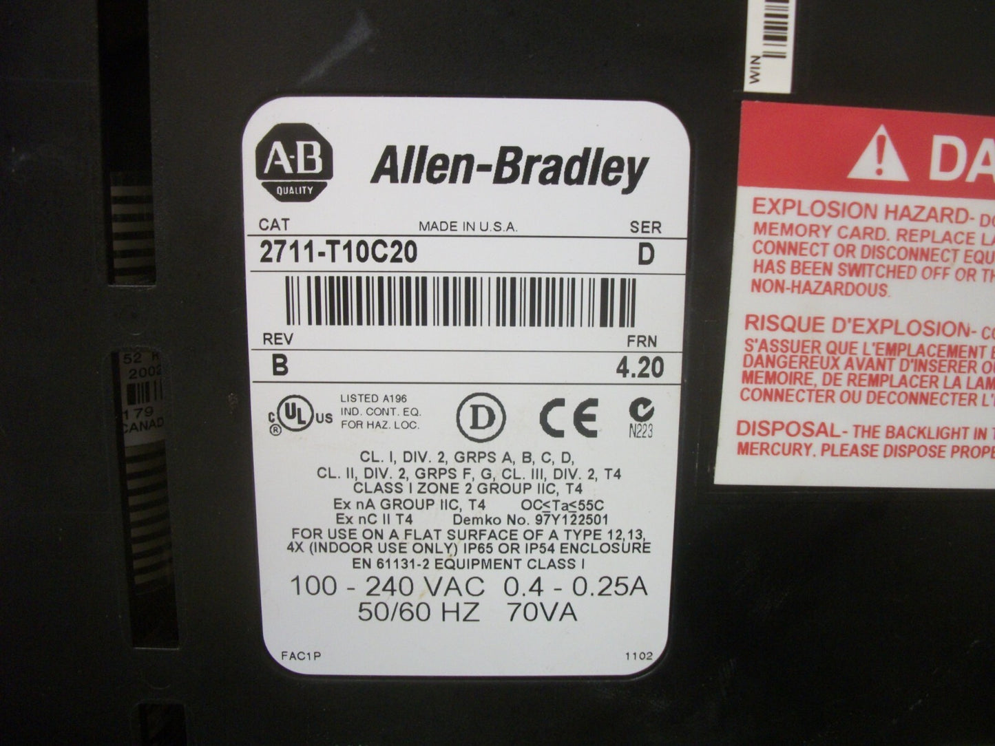 ALLEN-BRADLEY PANELVIEW 1000 TOUCHSCREEN OPERATOR INTERFACE DISPLAY 2711-T10C20