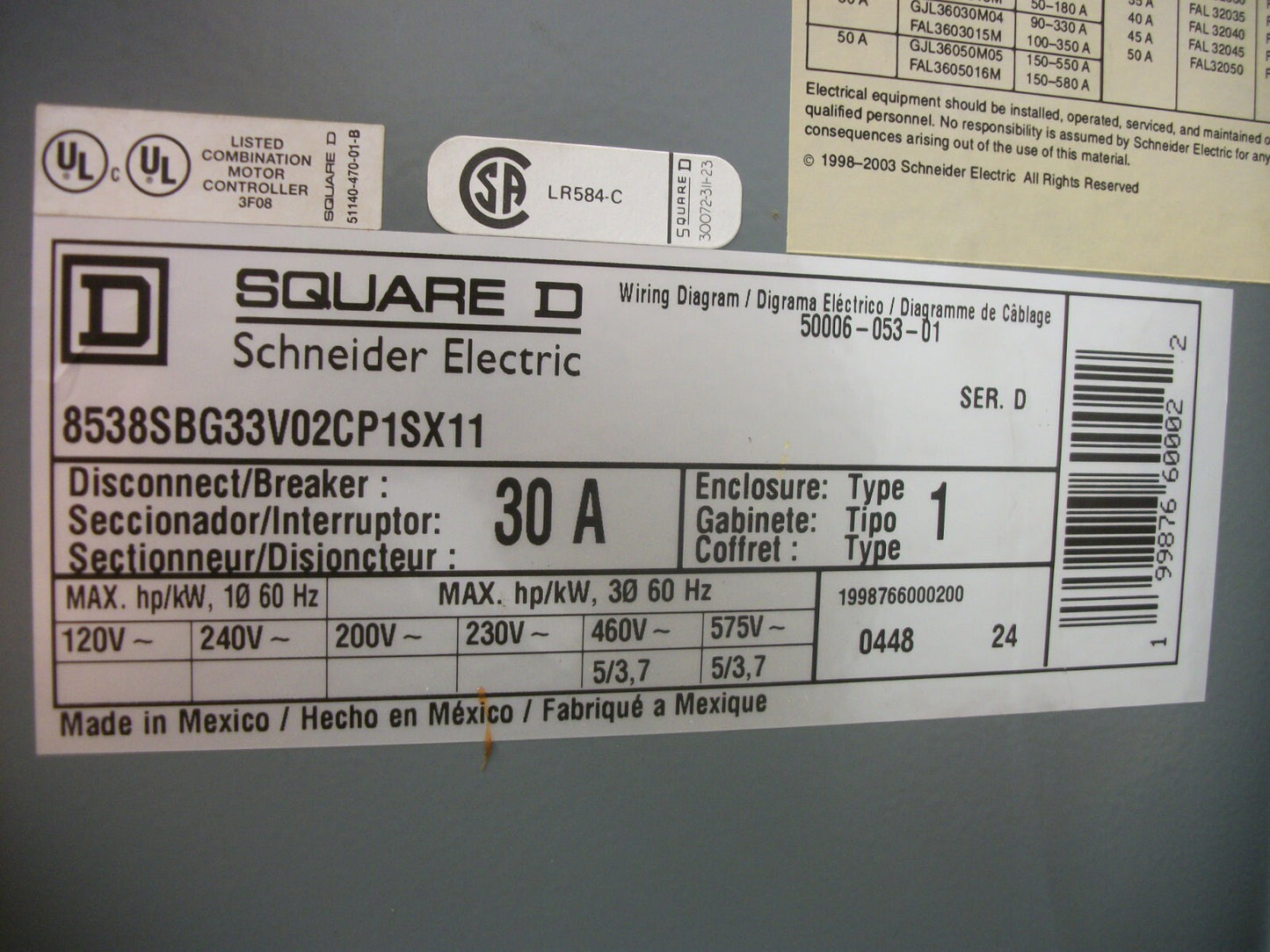 SQUARE D STARTER COMBO SIZE 0 TYPE 1 8536SBO2S 120VCOIL 30AMP FUSIBLE