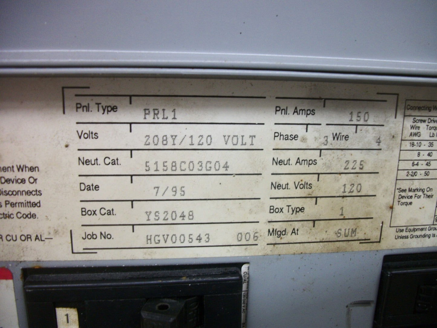 CUTLER-HAMMER PRL1 PANELBOARD YS2048 150AMP 208Y/120VOLT 3PH 150A MAIN