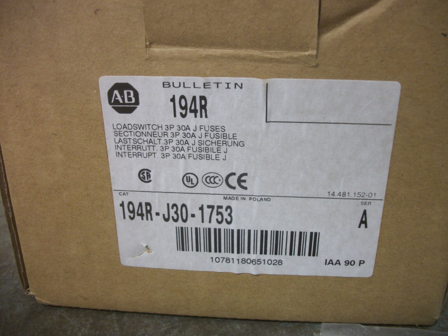 ALLEN-BRADLEY CLASS J DISCONNECT SWITCH 194R-J30-1753 30AMP 600VOLT 3POLE NIB