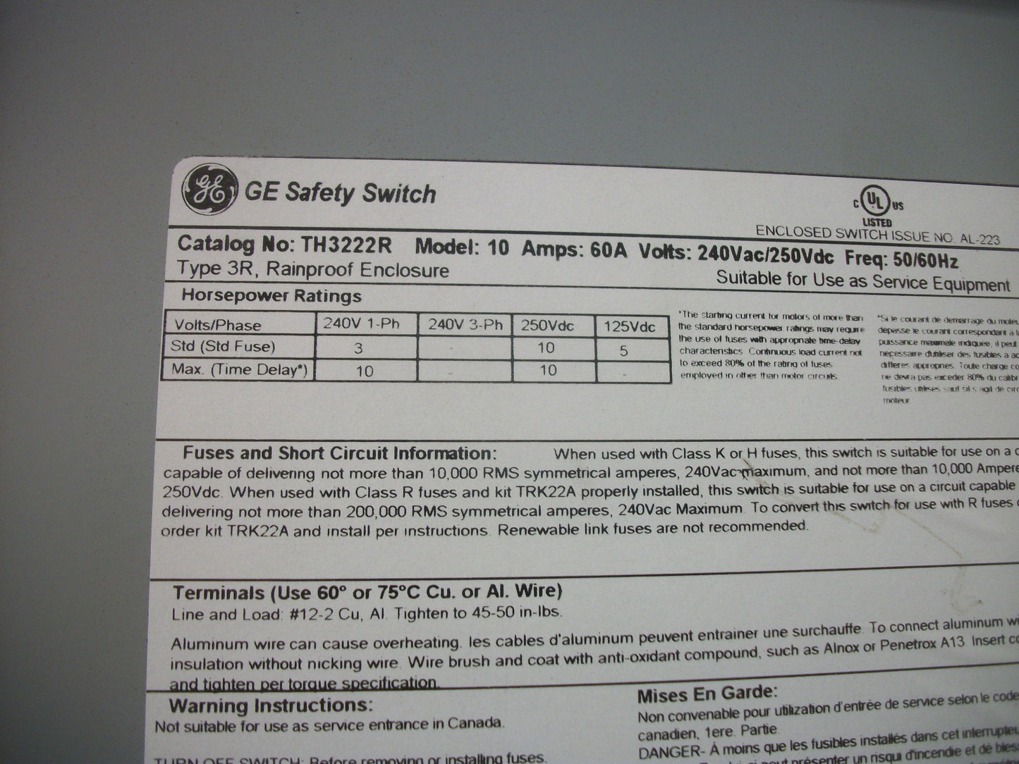 GE DISCONNECT TYPE 3R TH3222R 60AMP 240VOLT 2POLE FUSIBLE