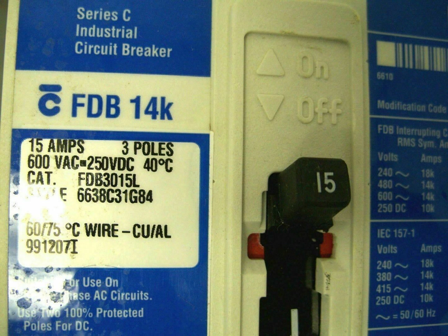 CUTLER-HAMMER FDB CIRCUIT BREAKER FDB3015L 15AMP 600VOLT 3POLE BLUE