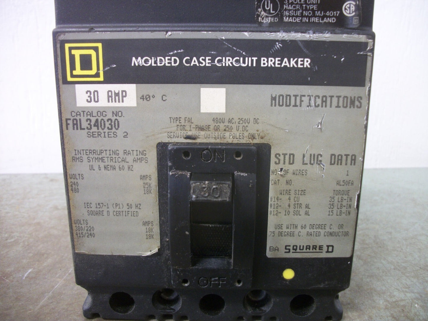 SQUARE D FAL CIRCUIT BREAKER FAL34030 30AMP 480VOLT 3POLE GRAY