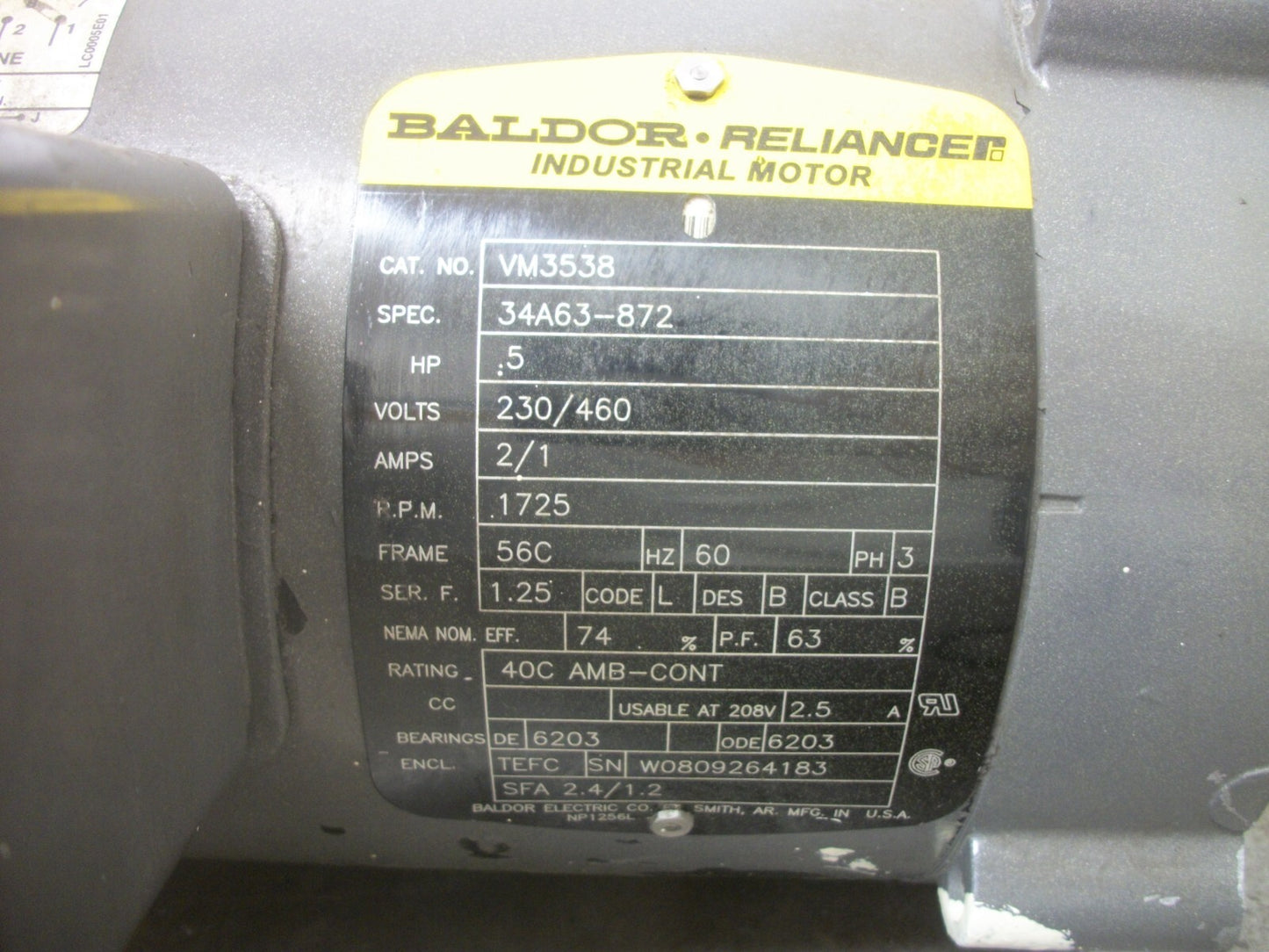 BALDOR 1/2HP 56C TEFC AC MOTOR VM3538 460VOLT 3PH 1725HP