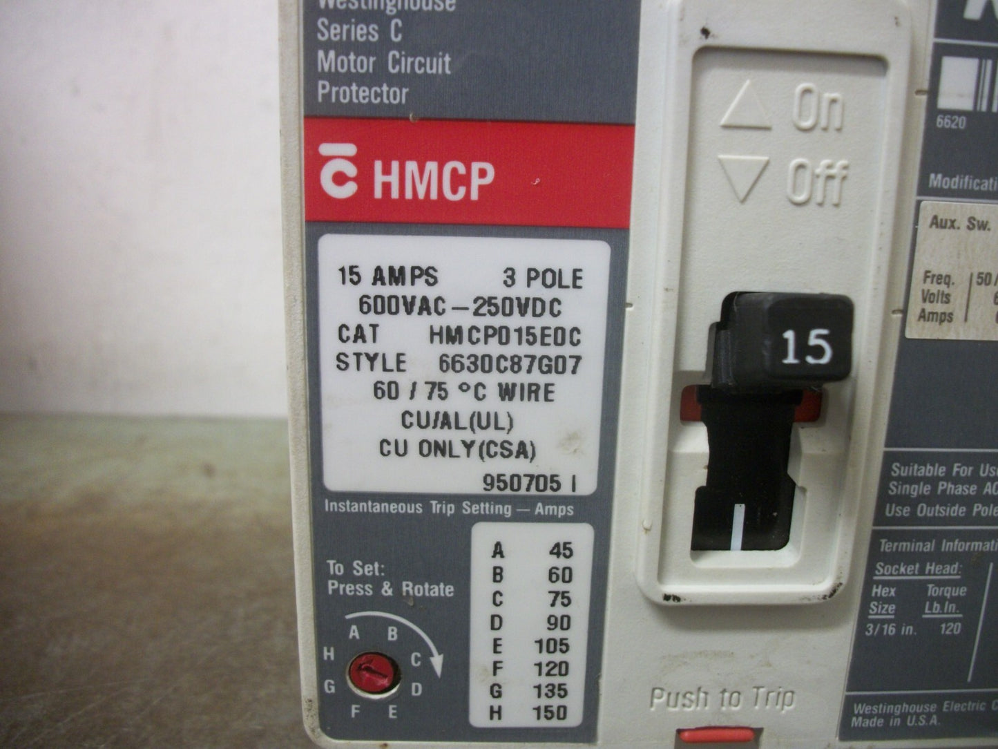 WESTINGHOUSE HMCP CIRCUIT BREAKER HMCP015E0C 15AMP 600VOLT 3POLE W/AUX