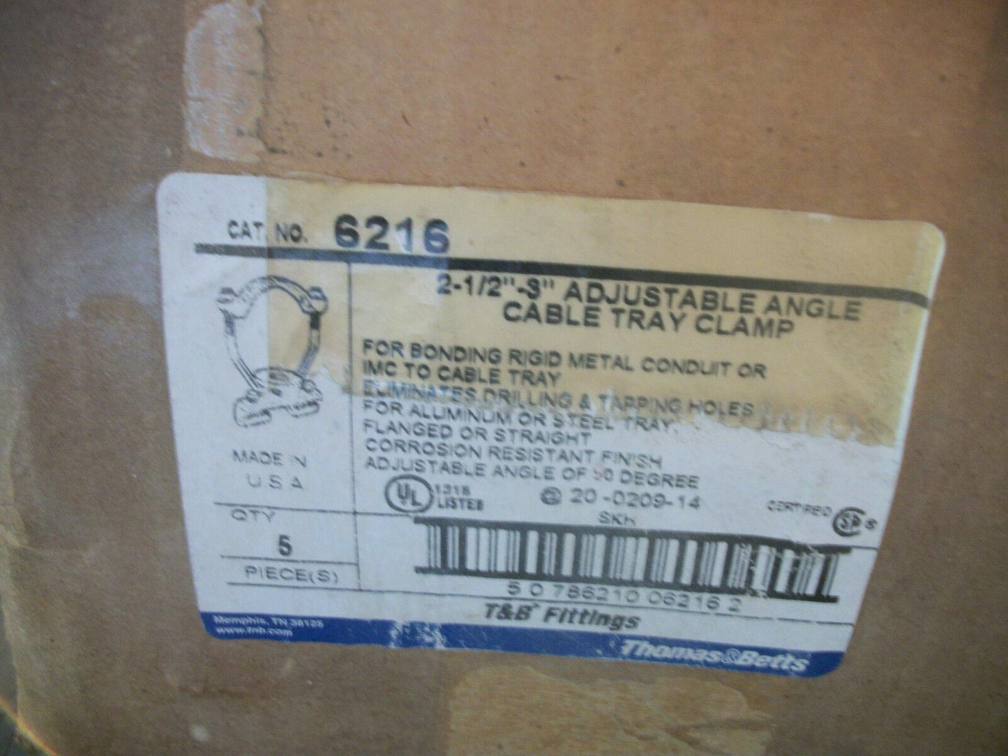 THOMAS & BETTS BOX OF 5 2-1/2"-3" ADJUSTABLE ANGLE CABLE TRAY CLAMPS 6216 NIB