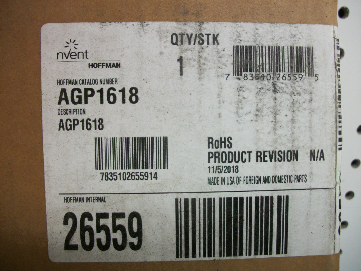 HOFFMAN 16"X18" GLAND PLATE TYPE 4,12 MODULAR DISCONNECT ENCLOSURES AGP1618 NIB