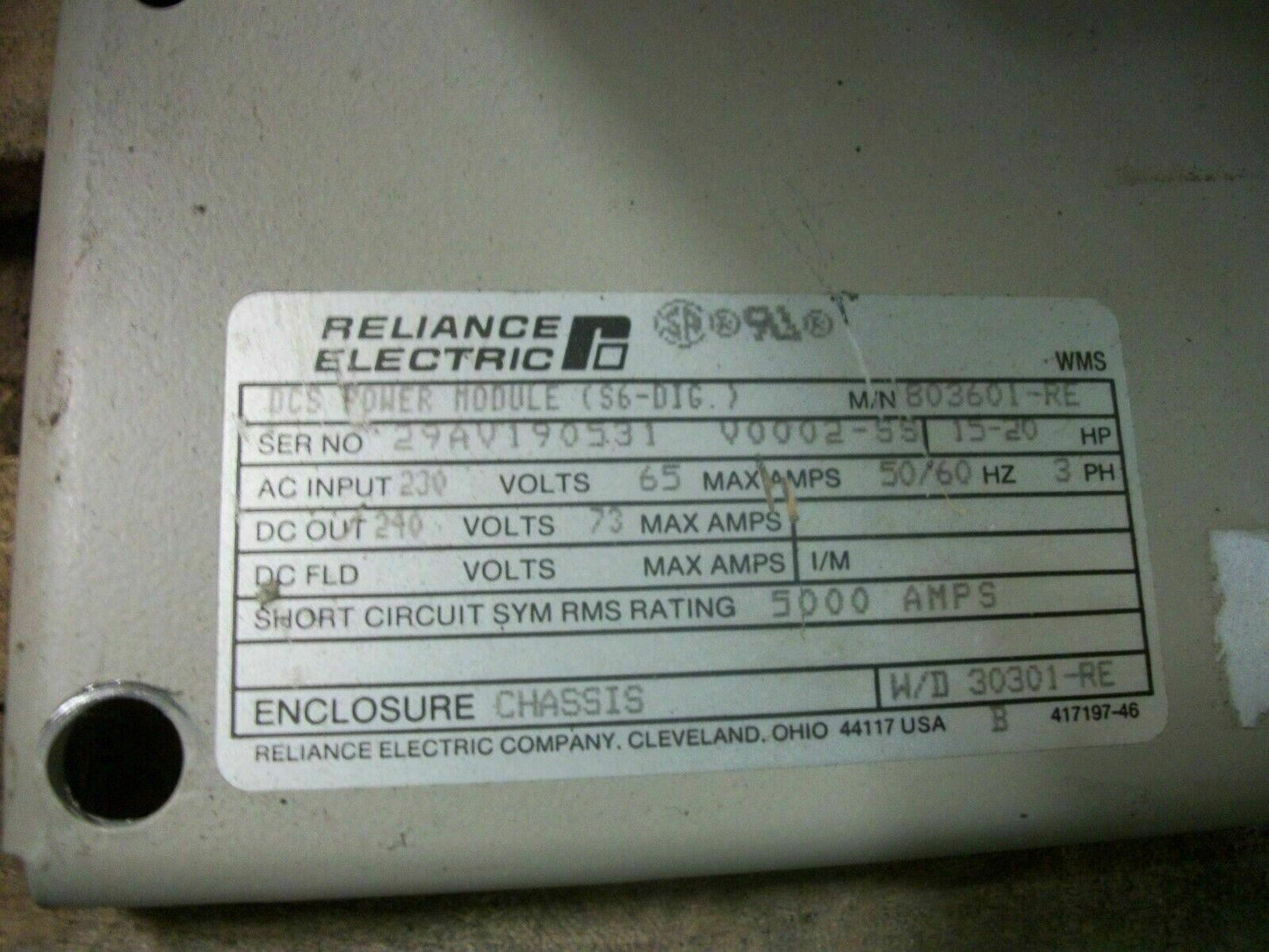 RELIANCE DCS 15-20HP POWER MODULE DRIVE (S6-DIG) 803601-RE 240VOLT 73AMP 3PH