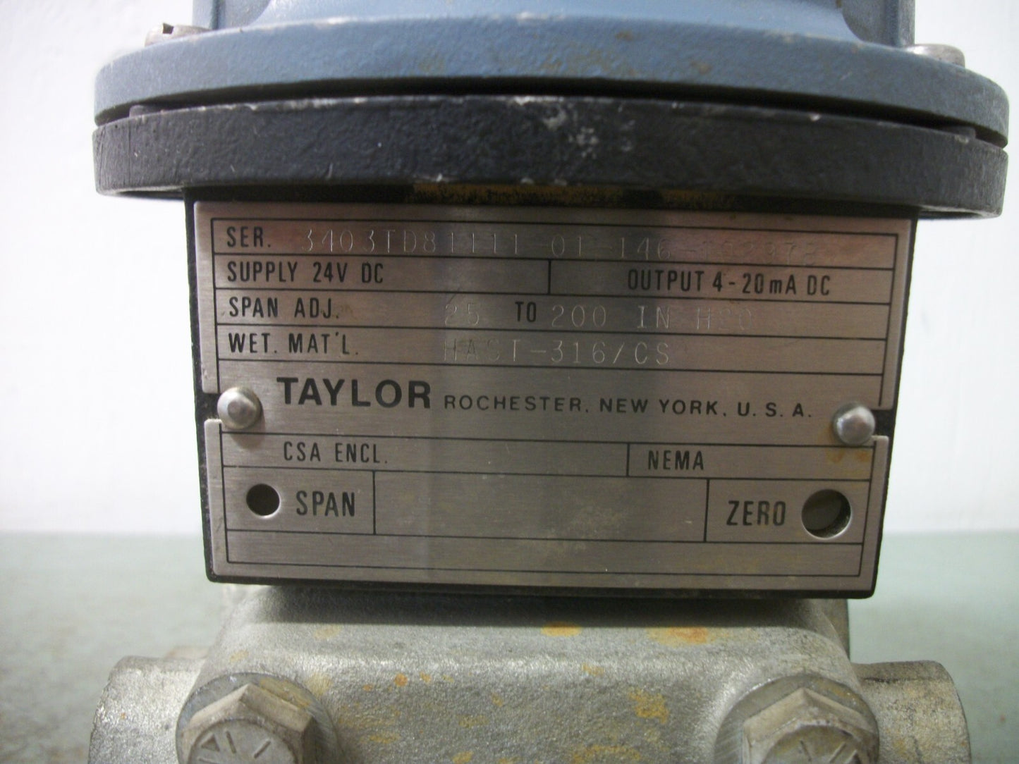 TAYLOR 3400T SERIES TRANSMITTER HAST-316/CS 25-200 IN H2O 4-20mA 24VDC