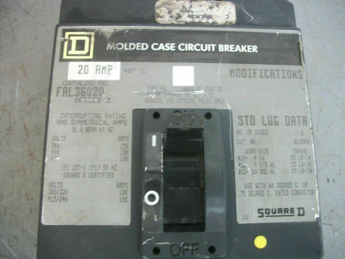 SQUARE D FAL CIRCUIT BREAKER FAL36020 20AMP 600VOLT 3POLE GRAY