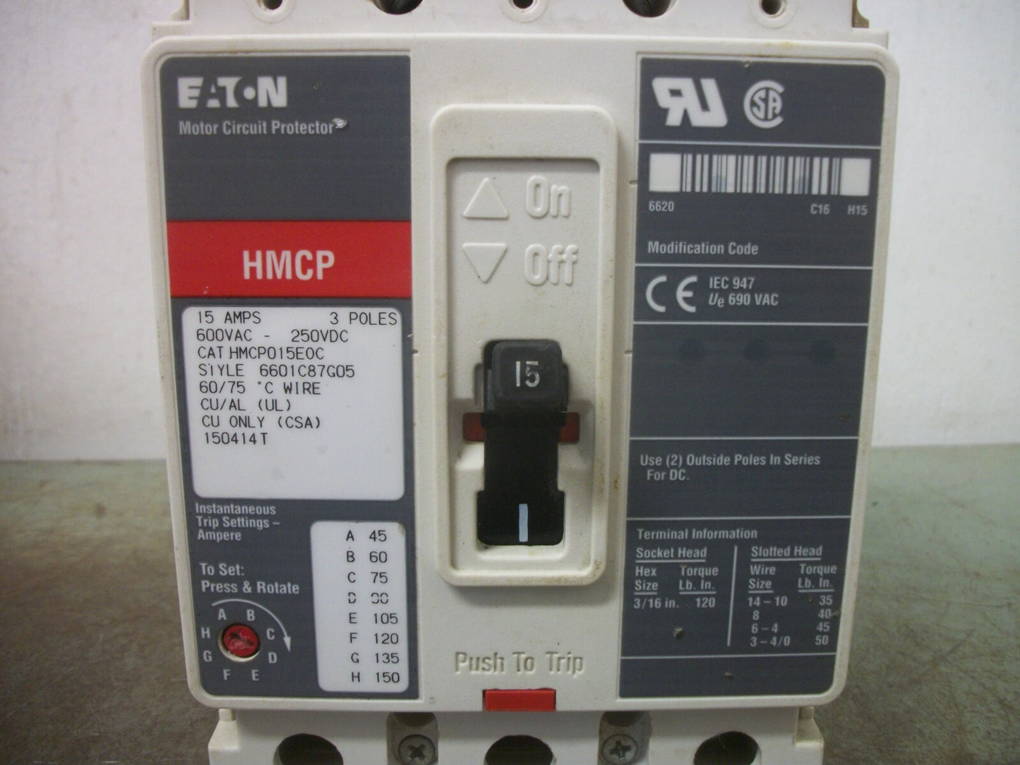 CUTLER-HAMMER HMCP CIRCUIT BREAKER HMCP015E0C 15AMP 600VOLT 3POLE