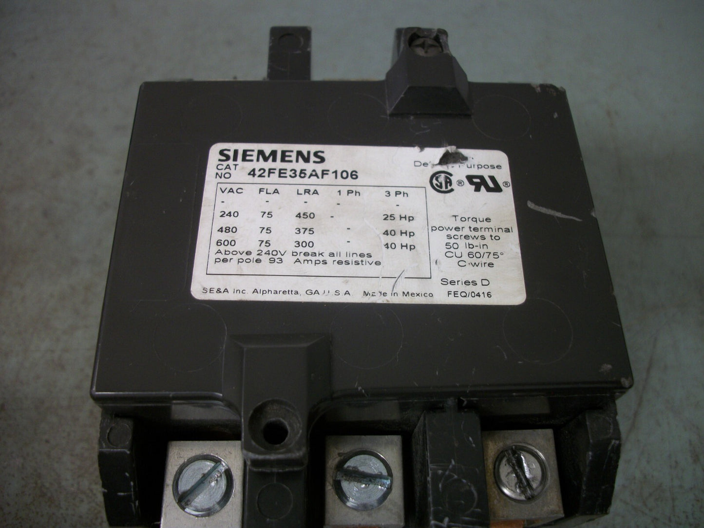 SIEMENS DEFINITE PURPOSE CONTACTOR 42FE35AF106 75AMP 120VCOIL 3PH 600V 40HP