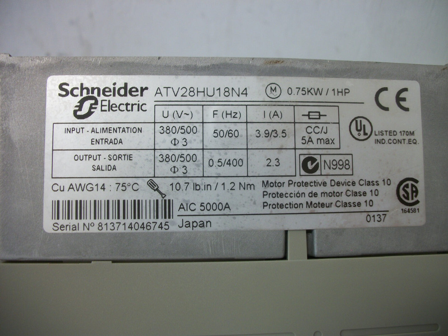 TELEMECANIQUE ALTIVAR 28 1HP AC DRIVE ATV28HU18N4 500VOLT 3PH 2.3AMP