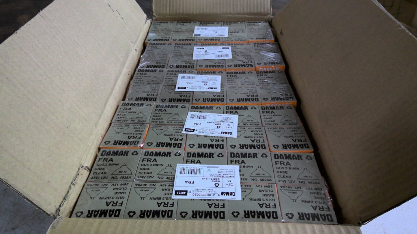 DAMAR 4028A BOX OF 100 MR16 MEDIUM FLOOD CLEAR QUARTZ HALOGEN BULBS FRA NIB