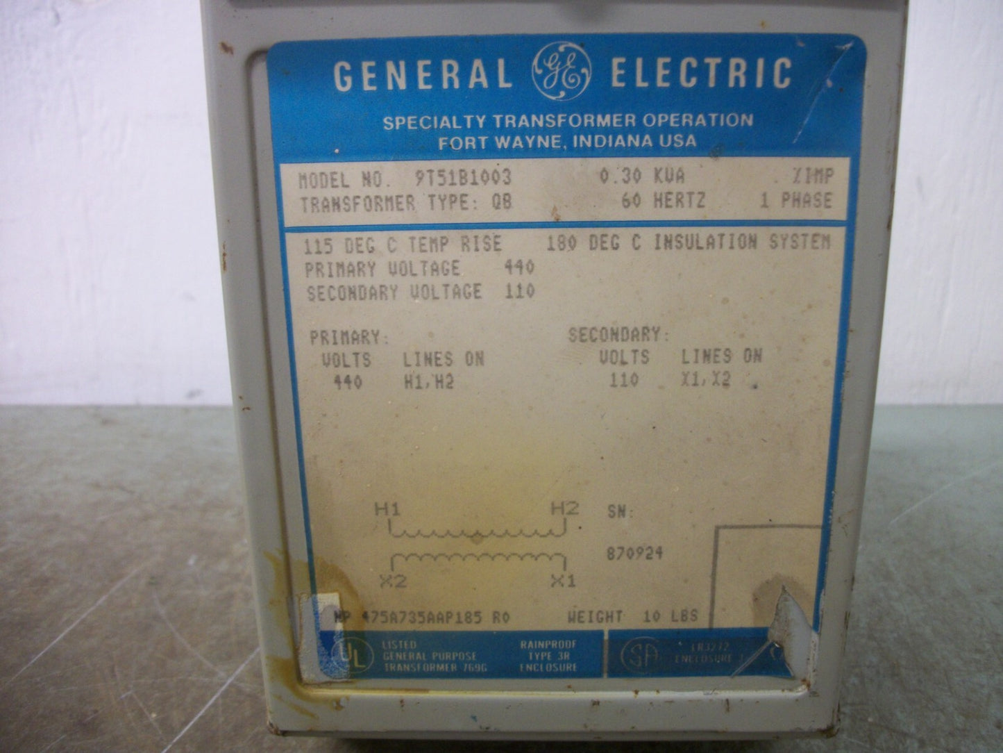 GE 0.30KVA 1PH TRANSFORMER 9T51B1003 HV 440 LV 110