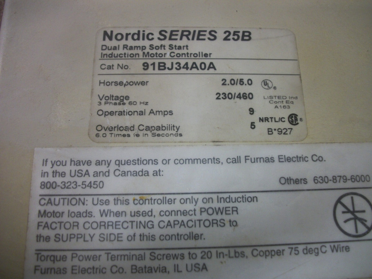 SIEMENS NORDIC 25B DUAL RAMP SOFT START INDUCTION MOTOR CONTROLLER 91BJ34A0A