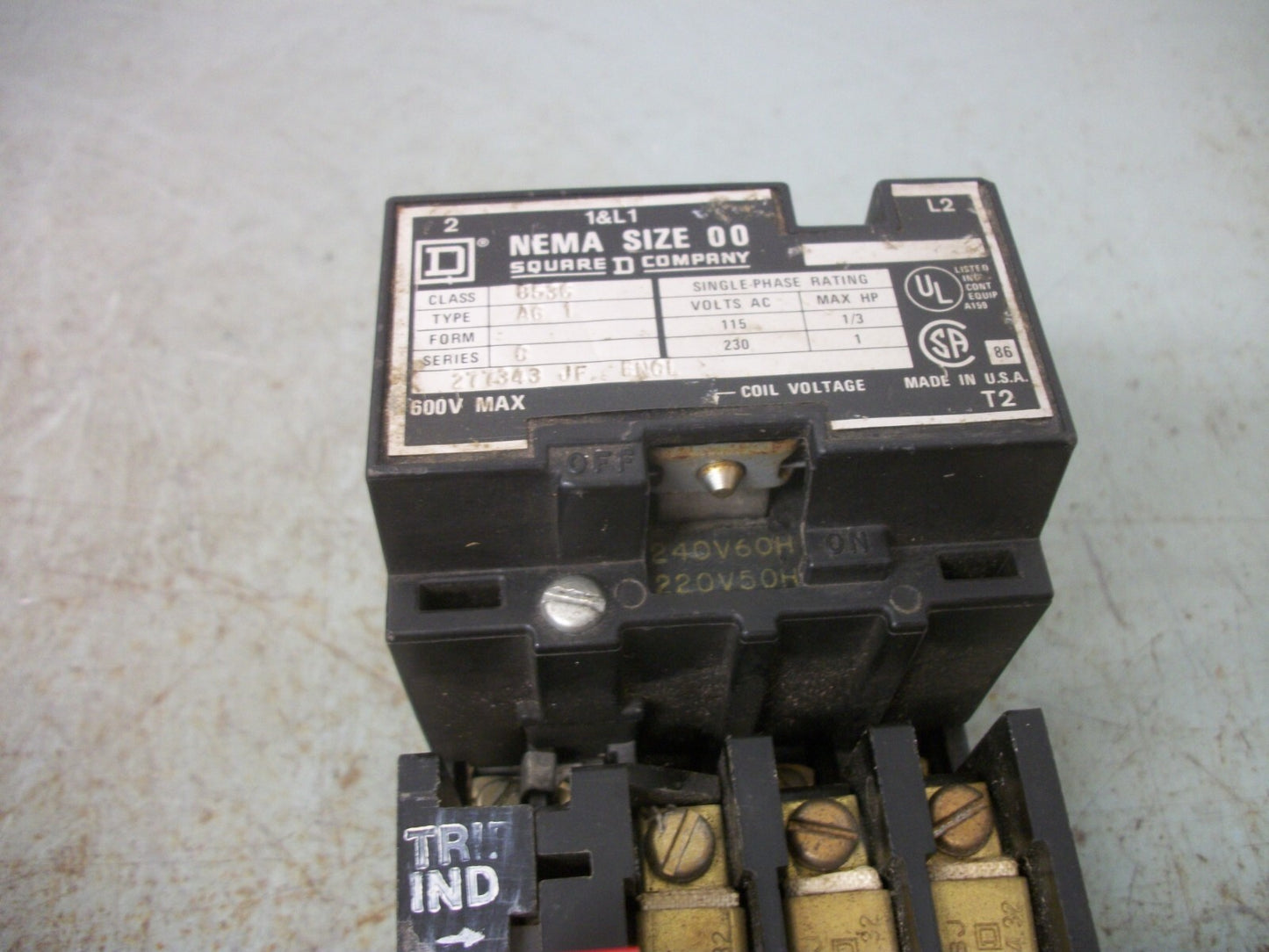 SQUARE D SIZE 00 MOTOR STARTER 8536AG1 240VCOIL 1PH 230VOLT 1HP