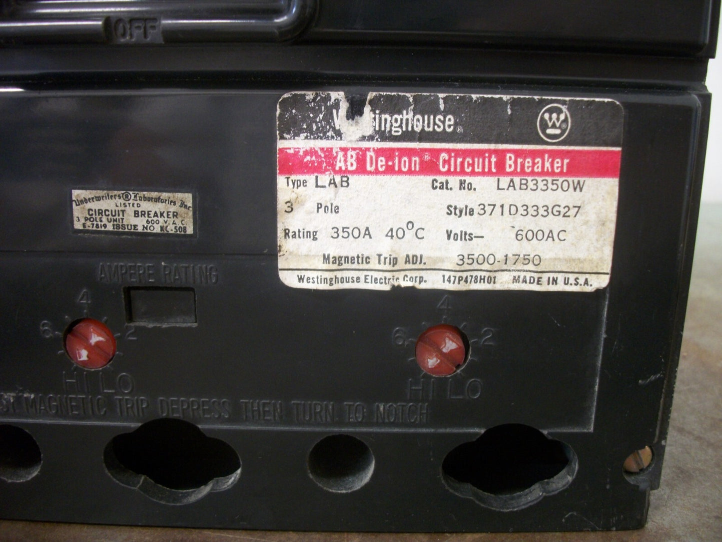 WESTINGHOUSE LAB CIRCUIT BREAKER LAB3350W 350AMP 600VOLT 3POLE